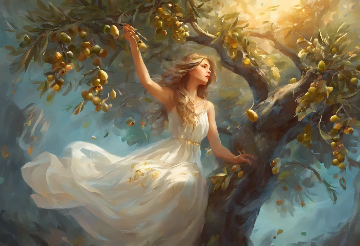 Russian girl in white dress picking olives from an olive tree