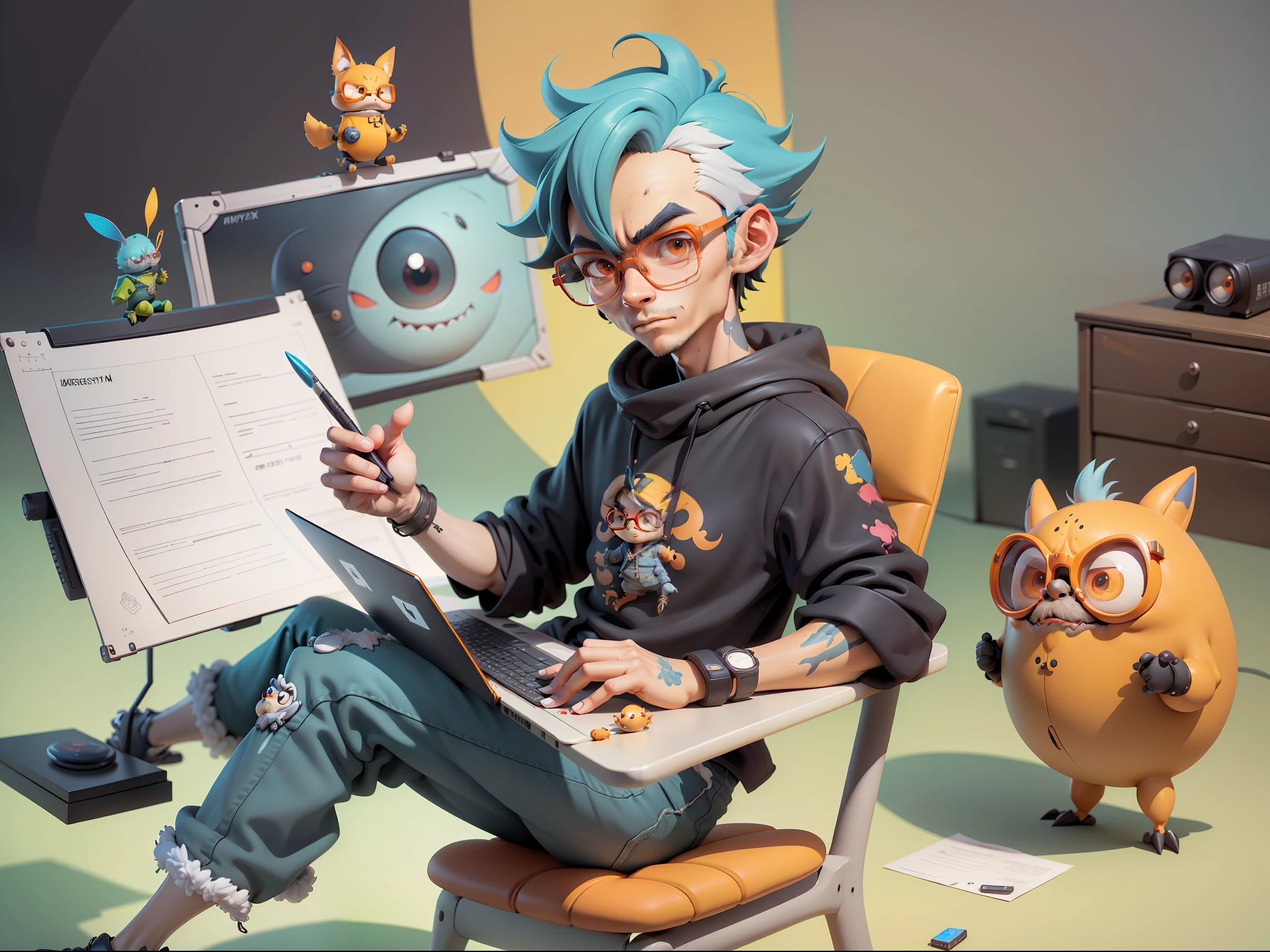 A handsome young man with black-framed glasses sits at his desk，holding laptop，digitial painting，3D character design by Mark Clairen and Pixar and Hayao Miyazaki and Akira Toriyama，4K HD illustration，Very detailed facial features and cartoon-style visuals。