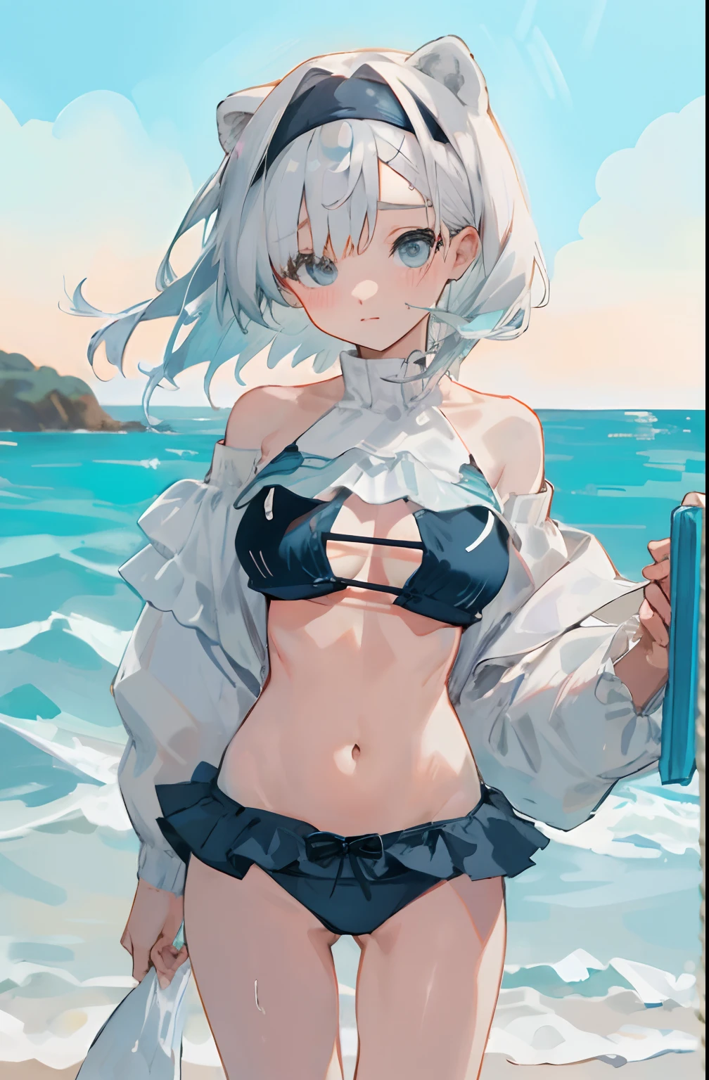 Cowboy shot,Bigboobs,Barefoot,(((swim wears))),underwear, Seaside, the ocean,Off-the-shoulder miniskirt
