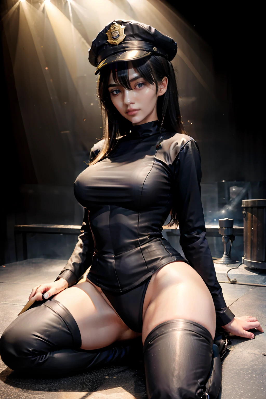 Highest image quality,Outstanding details,超高分辨率,one-girl,Female prison guard,Dark series,Dark style,Dark,mechs,She wears a sexy police uniform,In prison,She was in a cage,Robust body,Sexy and robust,Detailed abs,Detailed muscle lines,dynamicposes,Prison cage background,dim murky lights,Dim lighting,grimy,Damp, Icy environment,Chains,rusted,handcuff,Highly detailed police uniforms,Highly detailed police cap,Police badge,wear police cap,,Highly detailed handcuffs,Highly detailed police equipment,Normal body proportions,Normal face,Normal hands,frontage,fully body photo,Look from the bottom up,look from down, looki at viewer,Sitting down,kneeling down,lying down,squatt,Spread your legs apart。Open jacket,Chest binding,skinny pants,leotard skirt