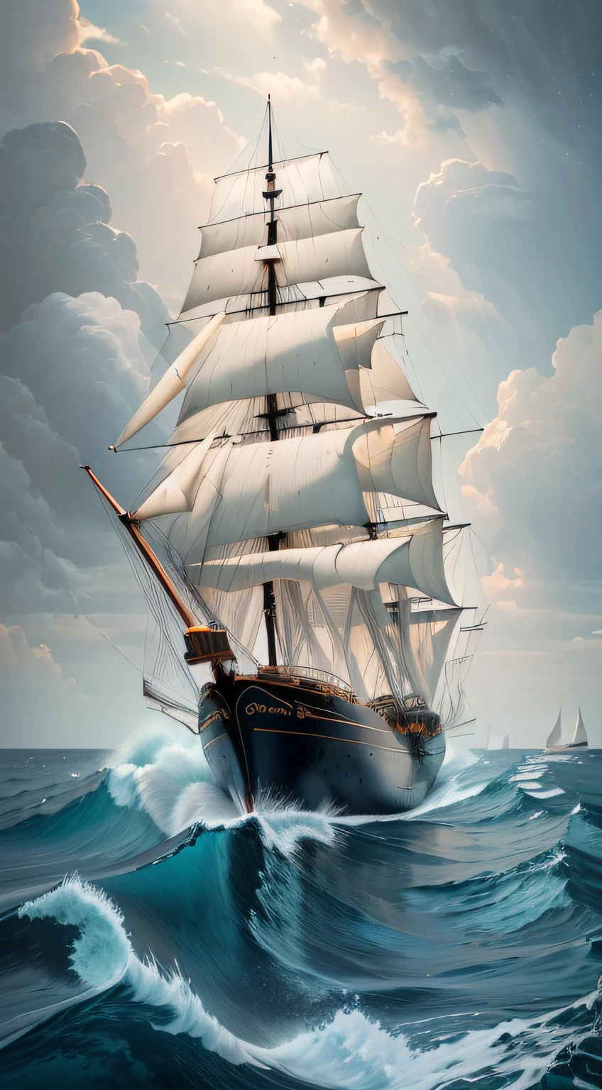 Draw a sailboat in the midst of rough seas,A bird flies overhead, a ship lost in a storm, ship at sea, Sail ships, ships with sails, In the rough sea,The waves are huge, Sail ships, ships with sails underneath, Dramatic nautical scenes, painted in high resolution, hull, gothic ship on ocean, amazing wallpapers, Expansive ocean, ships
