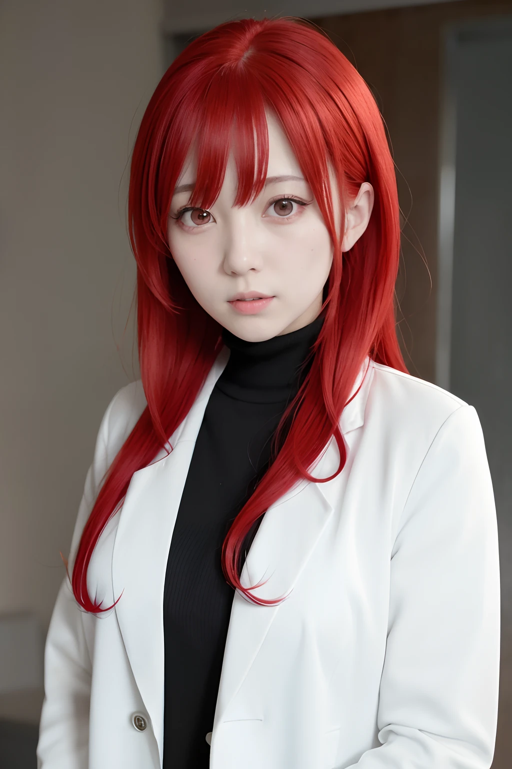 a close up of a woman with a red hair wearing a white coat, wearing lab coat and a blouse, anime cosplay, professional cosplay, anime girl cosplay, ayaka cosplay, leeloo outfit, anime girl in real life, with a lab coat, full-cosplay, anime-style, realistic cosplay, doctor, cosplay, as an anime character, (doctor)