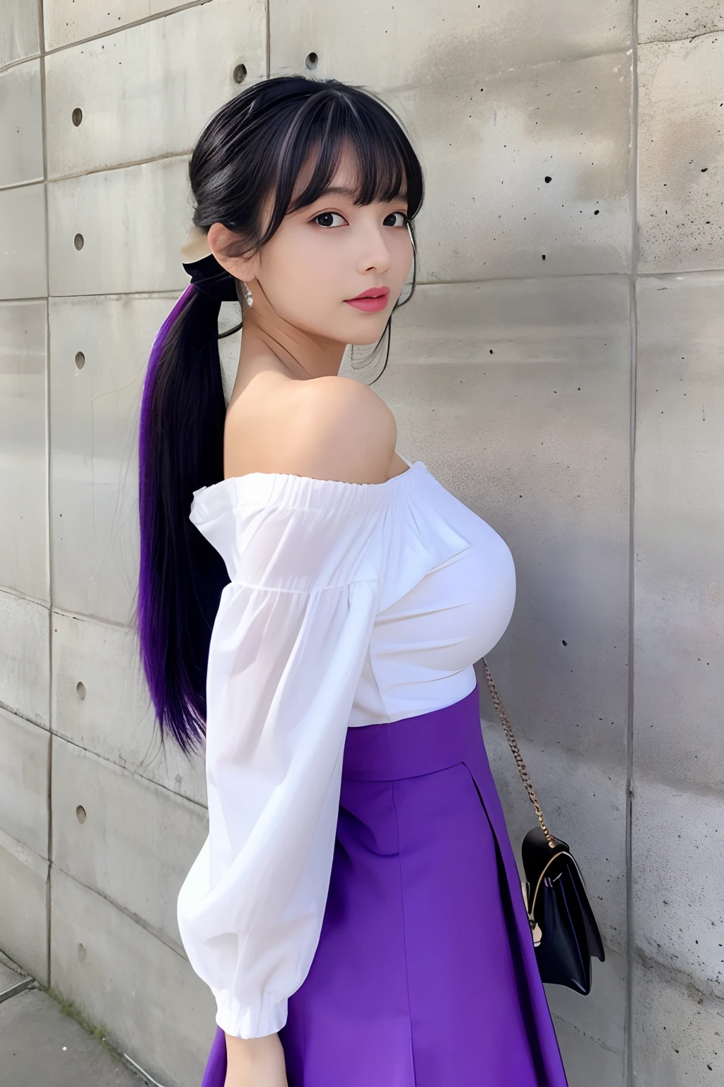 top-quality、超A high resolution、(Photorealsitic:1.4)、1girl in、Off-shoulder white shirt、Black tight skirt、a black choker、(faded pale purple hair:1,1)、(Colossal tits:1.3)、looking at the viewers、write、(Stand in front of a concrete wall)(twintails hairstyle)、(protruding neat udder)、(fullllbody)