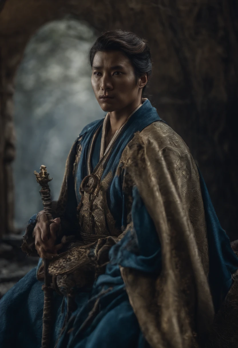 Blue Samurai, ghost, Take a walk with wolves in haunted villages, Night sky, Take the keys, Realistic, Full-HD, Best quality