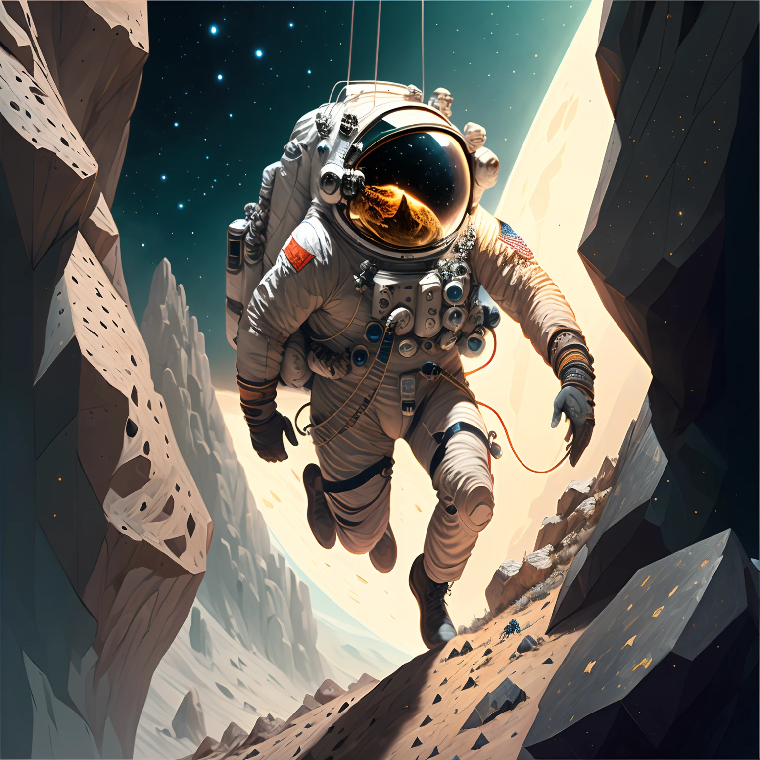 The astronaut, climbing the asteroid