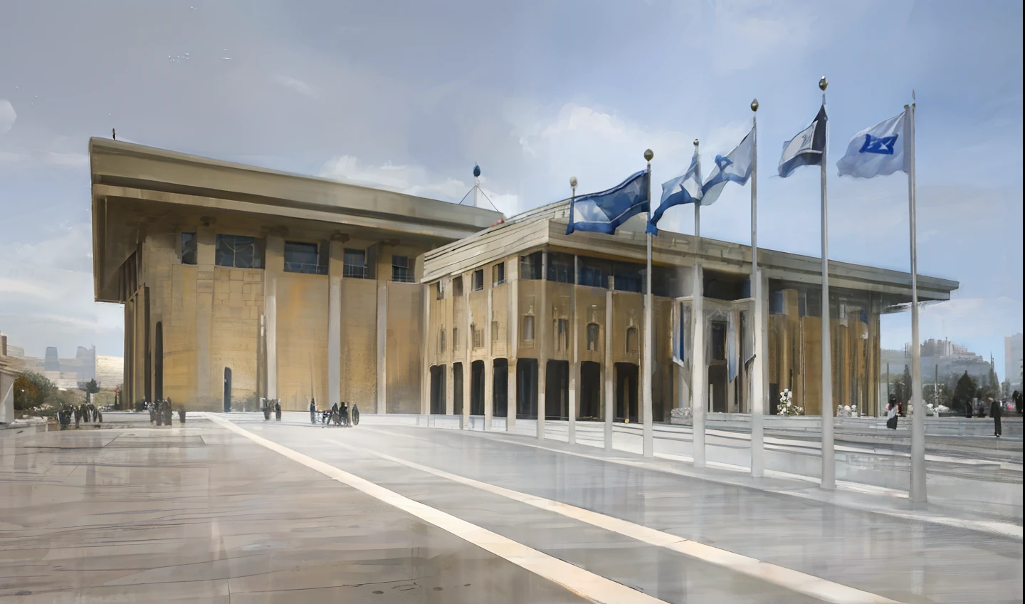Israel flags are flying in front of a building with a sky background, by Israel Tsvaygenbaum, israel, wonderful masterpiece, parliament, jerusalem, by Nele Zirnite, by Elias Goldberg, inspired by Israel Tsvaygenbaum, 🚿🗝📝, palast der republik in berlin, museum, by Zahari Zograf, ( visually stunning