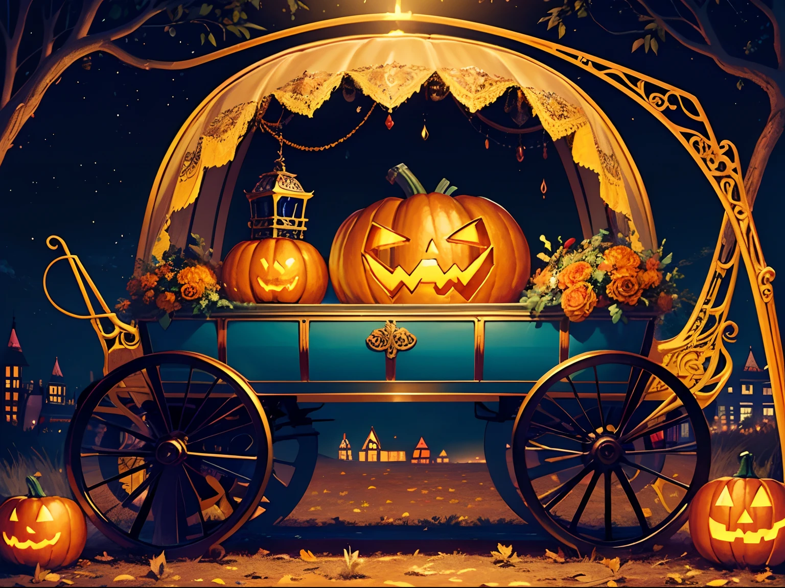 (best quality, vibrant colors:1.2, surrealistic lighting, glossy texture), Cinderella's carriage, carriage decorated with pumpkin image, pumpkin cabin, pumpkin carriage,