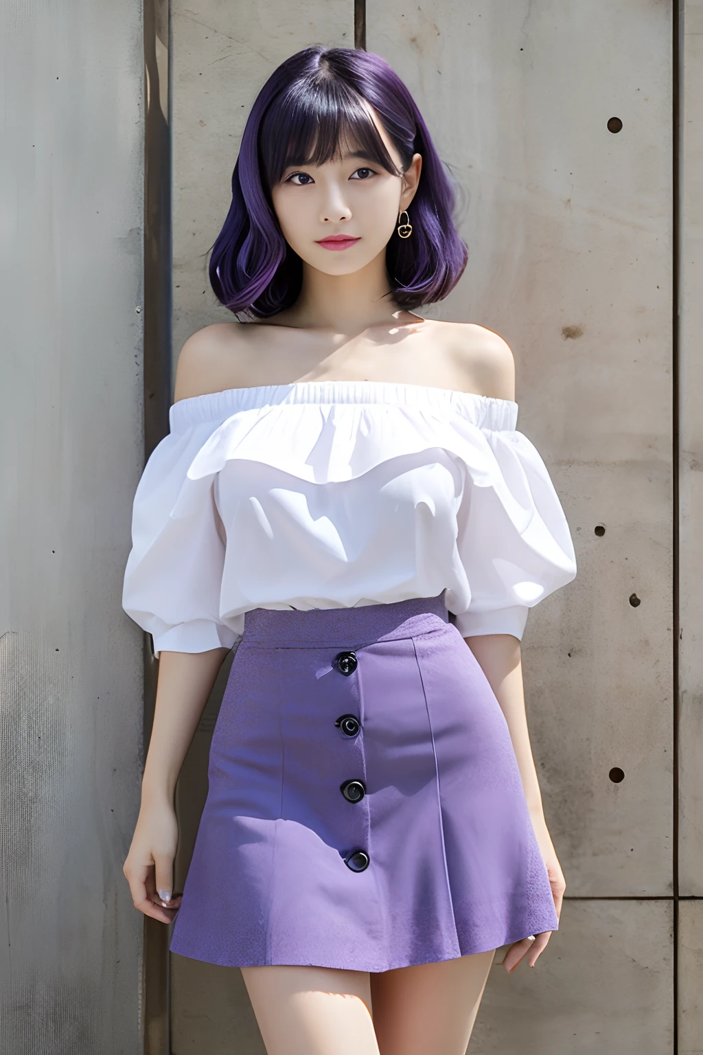 (8k, UHD, best quality, highres, award winning, high quality, high details, super detail, textured skin, anatomically correct, masterpiece, ccurate, retina), Korean female model, Height 175 cm, perfect bodies, Long legs, wavy and long hair, Wearing 0D pantyhose, Raw legs, full legs shot, (((full body: 1.5))), Sexy pose, Draped skirt, Dressed in white lace, The whole body in black, Thin stockings, tightly dress, tightly mini skirt, tightly Off-shoulder top, tightly shirt with a collar, see through dresses, ray tracing, Dark purple background color,