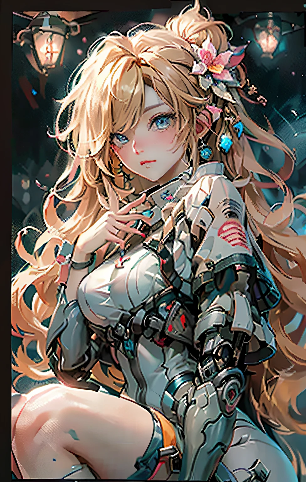 down view），dynamic angle，ultra - detailed，illustratio，closeup cleavage，Looking directly at，1girl，（（souryuu Asuka Lanley，Interface headset，red leotard：1.4，The blonde）），Her eyes sparkled like dreamy stars，（glowing light eyes：1.233），（beautiful and detailed eye：1.1），（expressiveless，Keep one's mouth shut），（sitted），Knees raised，（Mechanical room with tools and spaceship windows in the white spaceship），（the night：1.2），dream-like，[[Slender fingers and hands holding cups：0.55]：：：0.85]，（detail finger），（Mechanical cup in hand）