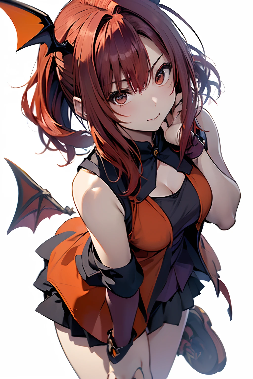 (Best Quality, 8K, Oil Painting, masutepiece:1.2), Ultra-detailed, (Realistic, Photorealistic:1.37), (((full body Esbian)))、Vibrant colors, (((Side tail hair)))、Studio Lighting, (((white backgrounid)))、Shoulder-length bob hair, (((Halloween Costume Party)))、((Flying with wings)) 、(((a miniskirt)))、((witch outfit))、(((Touch your cheek with your hand)))、(((Slender Adult Woman)))、Blushing、(((Red hair)))、(((bobhair)))、(((Sleeveless shirt)))、(((with a pure white background)))、(((There is a margin at the top of the head)))、(((There are margins on the left and right)))、(((There is a margin above the image)))、(((Cute 20 year old woman)))、(((Bright red hair)))、(((side poneyTail)))、(((Bat wings grow on the back)))、
