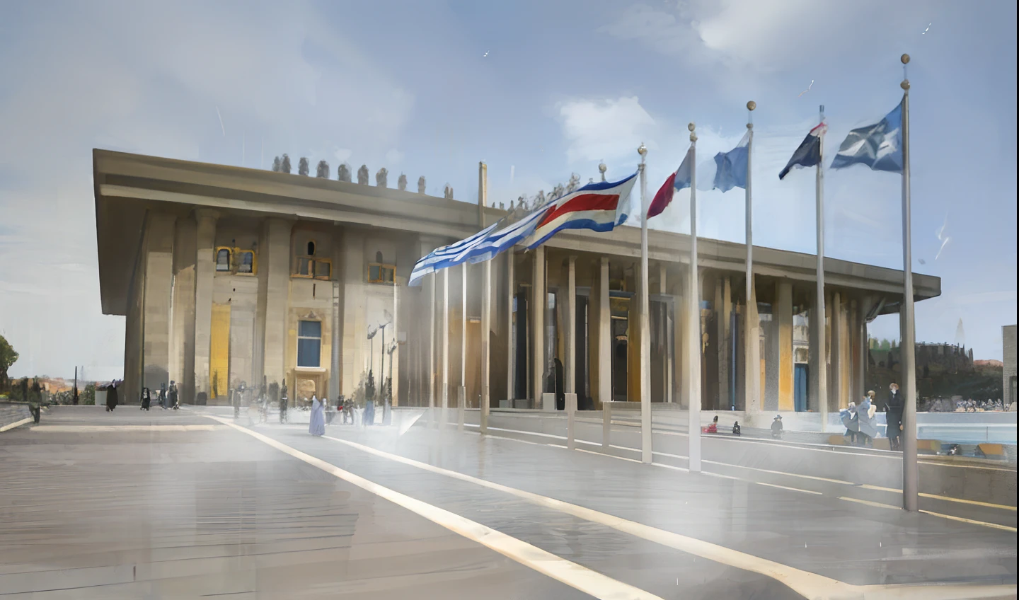 flags are flying in front of a building with a sky background, by Israel Tsvaygenbaum, israel, wonderful masterpiece, parliament, jerusalem, by Nele Zirnite, by Elias Goldberg, inspired by Israel Tsvaygenbaum, 🚿🗝📝, palast der republik in berlin, museum, by Zahari Zograf, ( visually stunning