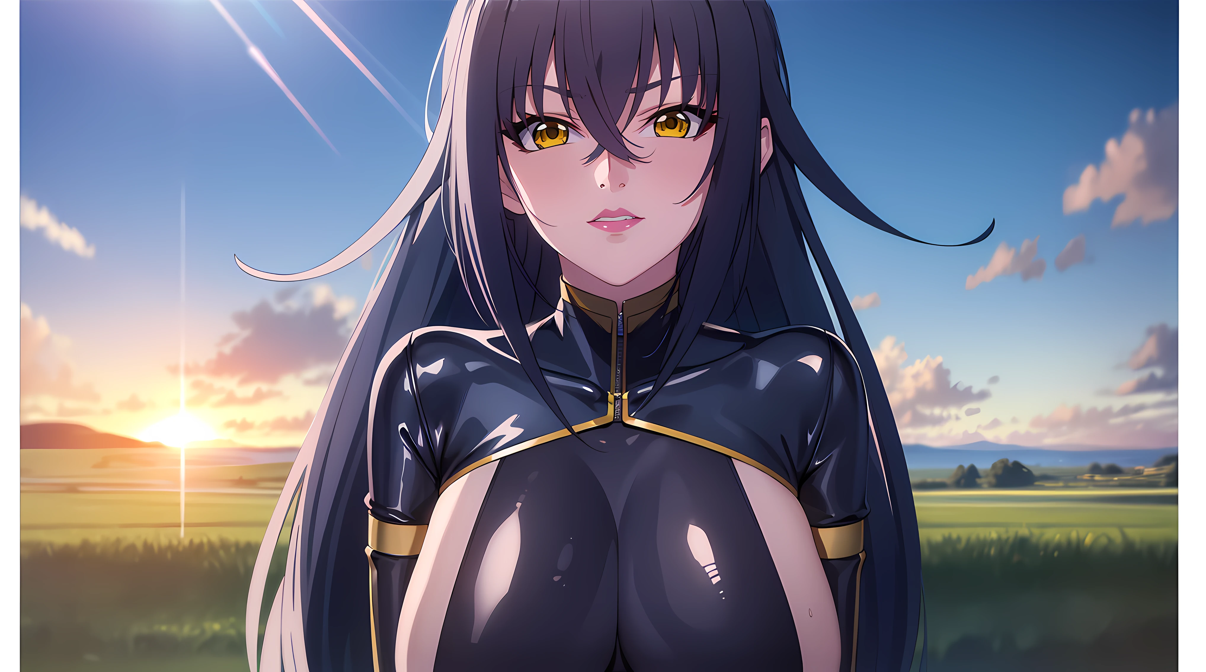 professional artwork, Intricate Details, field of view, sharp focus, detailed painting, photorealistic lighting, trending on pixiv, (masterpiece:1.0),(best_quality:1.0), ultra high res,4K,ultra-detailed, photography, 8K, HDR, highres, absurdres:1.2, Kodak portra 400, film grain, blurry background, bokeh:1.2, lens flare, (vibrant_color:1.2), 
(Annerose:1), 1girl, female mature, black hair, long hair, yellow eyes, large breasts, bodysuit, higheels, shiny clothes, skin tight, hair intakes, covered breasts,
simple background, (solo:1.5), (landscape dimension:1.4),