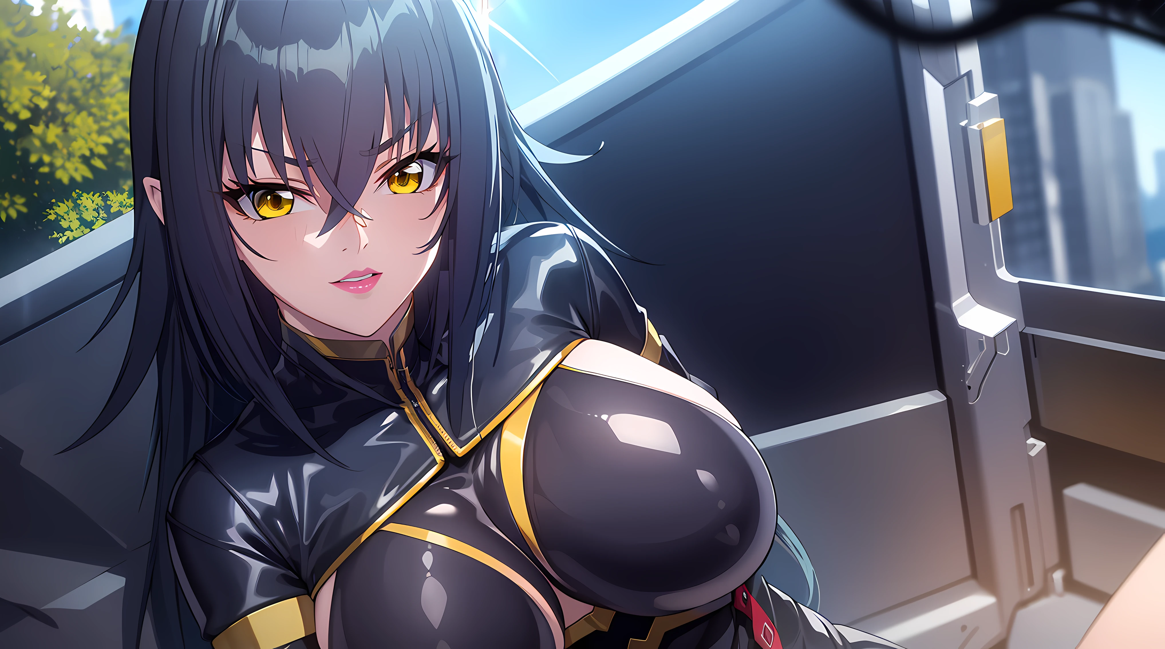 professional artwork, Intricate Details, field of view, sharp focus, detailed painting, photorealistic lighting, trending on pixiv, (masterpiece:1.0),(best_quality:1.0), ultra high res,4K,ultra-detailed, photography, 8K, HDR, highres, absurdres:1.2, Kodak portra 400, film grain, blurry background, bokeh:1.2, lens flare, (vibrant_color:1.2), 
(Annerose:1), 1girl, female mature, black hair, long hair, yellow eyes, large breasts, bodysuit, higheels, shiny clothes, skin tight, hair intakes, covered breasts,
simple background, (solo:1.5), (landscape dimension:1.4),