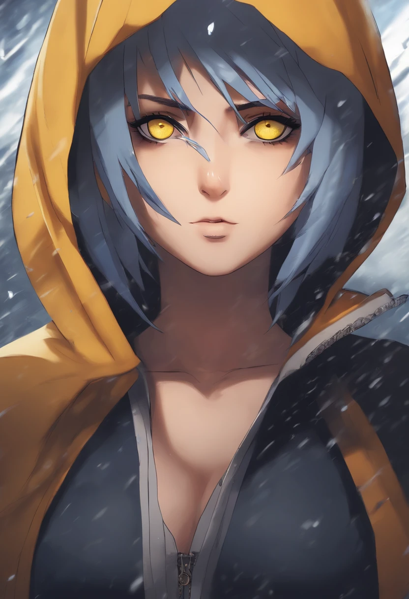 konan (naruto), 1girl, solo, breasts, yellow_eyes, upper_body, looking_to_the_side, makeup, zipper, rain, paper, nose, open clothes, paper jutsu, upper body, akatsuki outfit, labret piercing