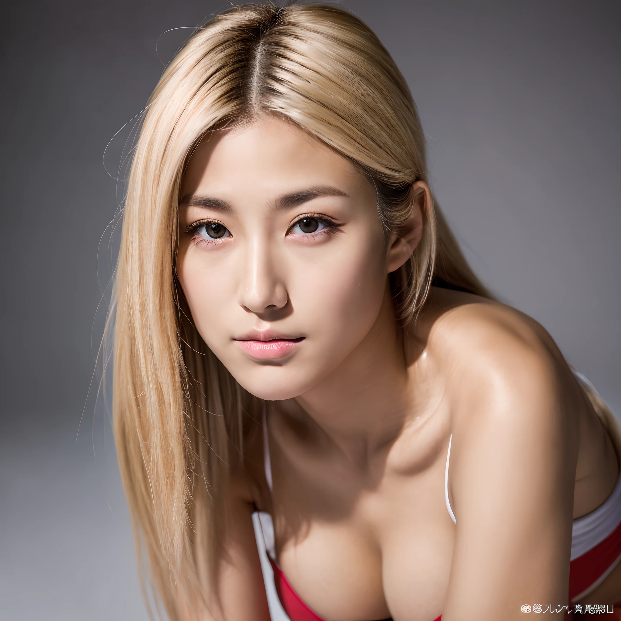 (best quality,4k,high resolution,masterpiece:1.2),ultra-detailed,(realistic:1.37) long jaw, long face, blonde hair, Japanese descent, half Japanese, smokey eyes, beautiful legs, curvaceous, sexy, model, athlete, confident, beautiful, round nose