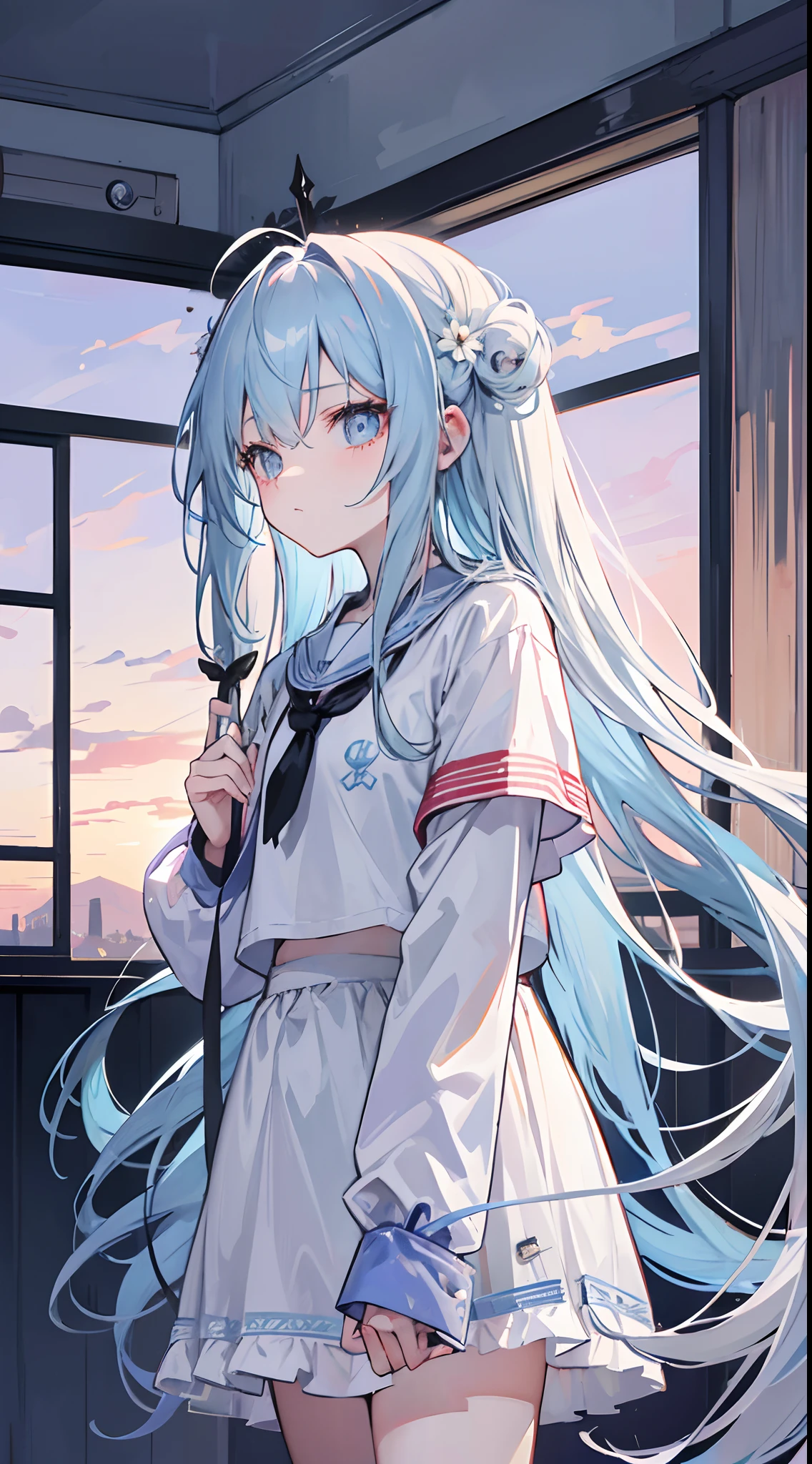Light blue jagged long hair，The hair curtain is long，The hair curtain covers one eye，Hair slightly upturned，Gray eye，The eyes are shining，Girls of medium stature，There is a flower on the head，Sunset in the empty countryside，Holding a lit fireworks stick in his hand，He was wearing white sportswear，black cloaths，black short skirt，I look lonely and lonely，The atmosphere was deserted，cold shades，With his head bowed