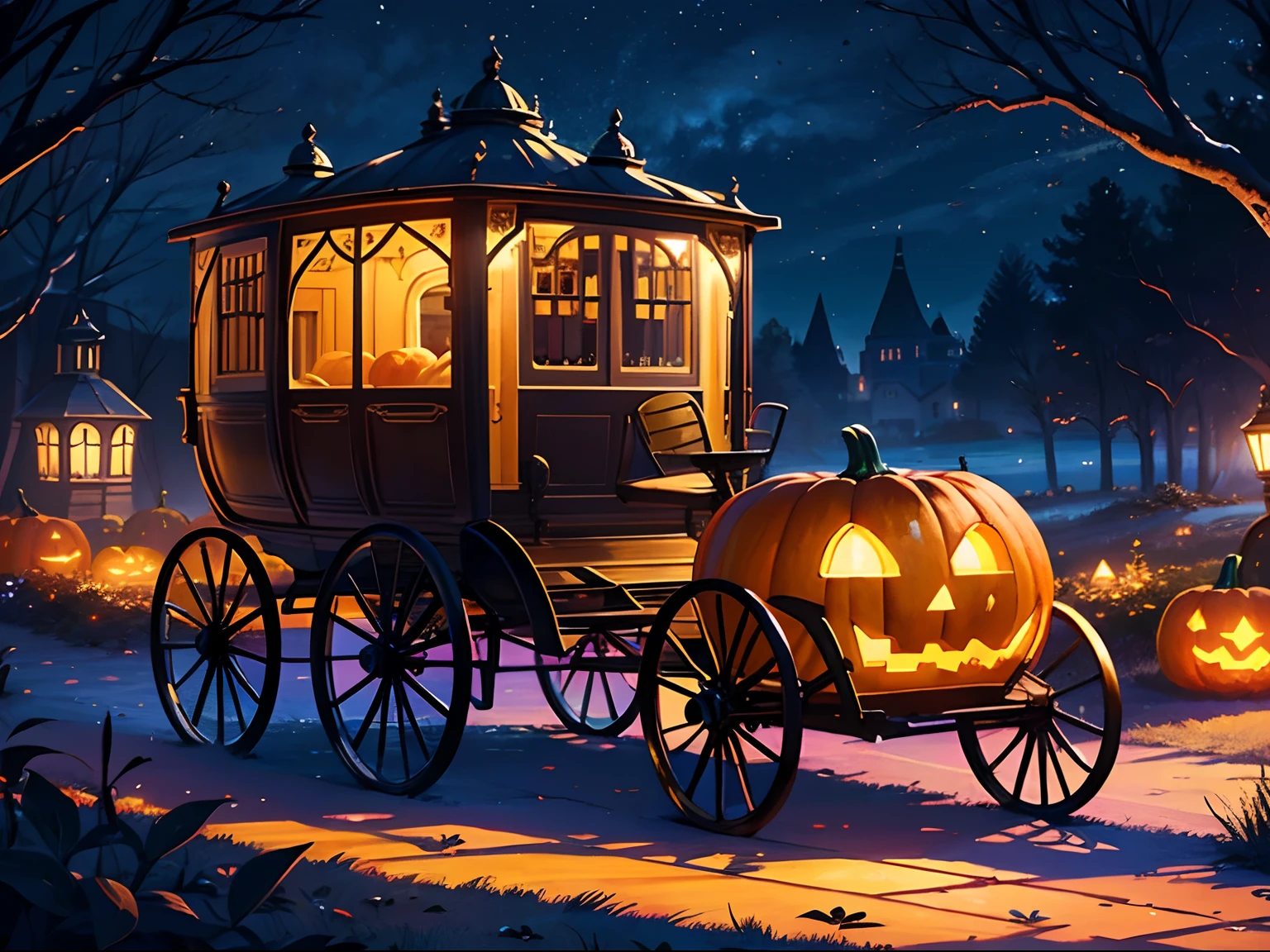 (best quality, vibrant colors:1.2, surrealistic lighting, glossy texture), Cinderella's carriage, carriage decorated with pumpkin image, pumpkin cabin, pumpkin carriage,