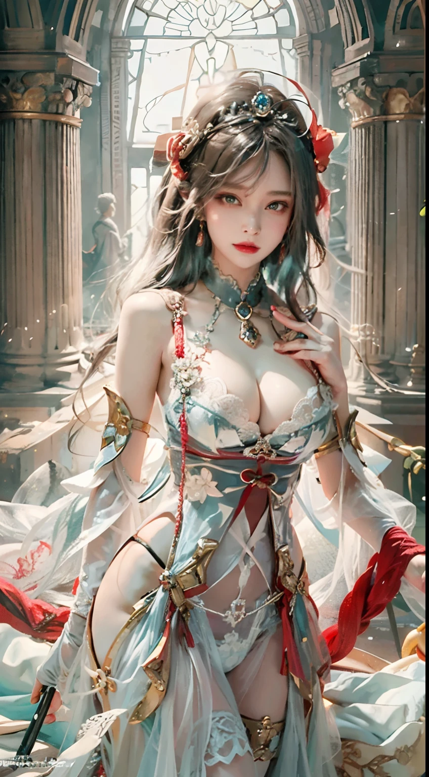 Ultra realistic 8K CG, Picture-perfect face, flawless, clean, masutepiece, Professional artwork, famousartwork, Cinematic lighting, Cinematic bloom, Perfect face,(年轻:1.2)(Voluptuous),((20yr old)), Beautiful face, Beautiful eyes,(:1.1), (((Perfect female body, Narrow waist))), young princess, royal, divine, Goddess, godlike, (the royal palace), Fantasy, Dreams, Unreal, Science fiction, (Normal breasts:1.2), Beautiful clothes, Lace, Lace trim, Lace-trimmed legwear, NSFW,, absurdly long hair, Very long hair, (Rich:1.4), Necklace, earrings, Bracelet, armlet, Looking at Viewer,(thong:1), (There are up to 5 fingers on the hand), (Red Lip), shenhe \(GenshinImpact\)