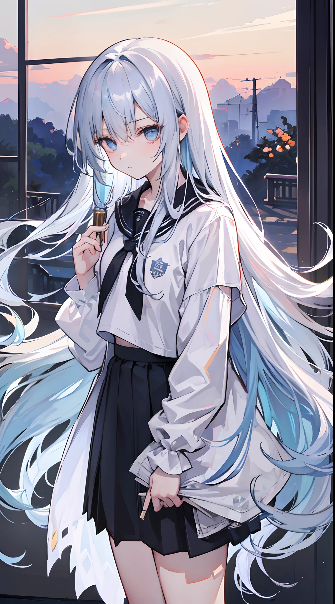 Light blue jagged long hair，The hair curtain is long，The hair curtain covers one eye，Hair slightly upturned，Gray eye，The eyes are shining，Girls of medium stature，There is a flower on the head，Sunset in the empty countryside，Holding a lit fireworks stick in his hand，He was wearing white sportswear，black cloaths，black short skirt，I look lonely and lonely，The atmosphere was deserted，cold shades，With his head bowed