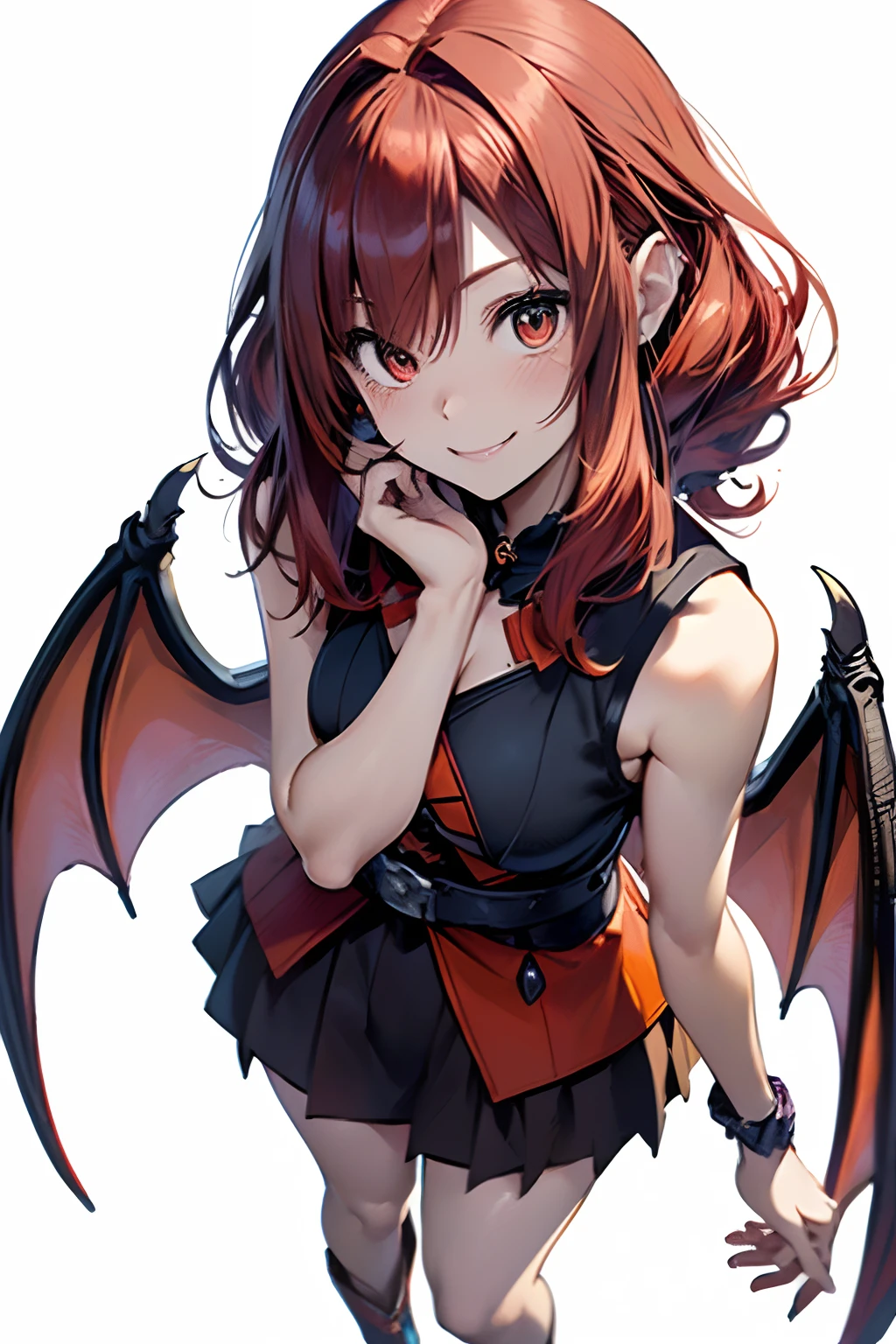 (Best Quality, 8K, Oil Painting, masutepiece:1.2), Ultra-detailed, (Realistic, Photorealistic:1.37), (((full body Esbian)))、Vibrant colors, (((Side tail hair)))、Studio Lighting, (((white backgrounid)))、Shoulder-length bob hair, (((Halloween Costume Party)))、(((A smile))) 、(((a miniskirt)))、((witch outfit))、(((Touch your cheek with your hand)))、(((Slender Adult Woman)))、Blushing、(((Red hair)))、(((bobhair)))、(((Sleeveless shirt)))、(((with a pure white background)))、(((There is a margin at the top of the head)))、(((There are margins on the left and right)))、(((There is a margin above the image)))、(((Cute 20 year old woman)))、(((Bright red hair)))、(((side poneyTail)))、(((Bat wings grow on the back)))、
