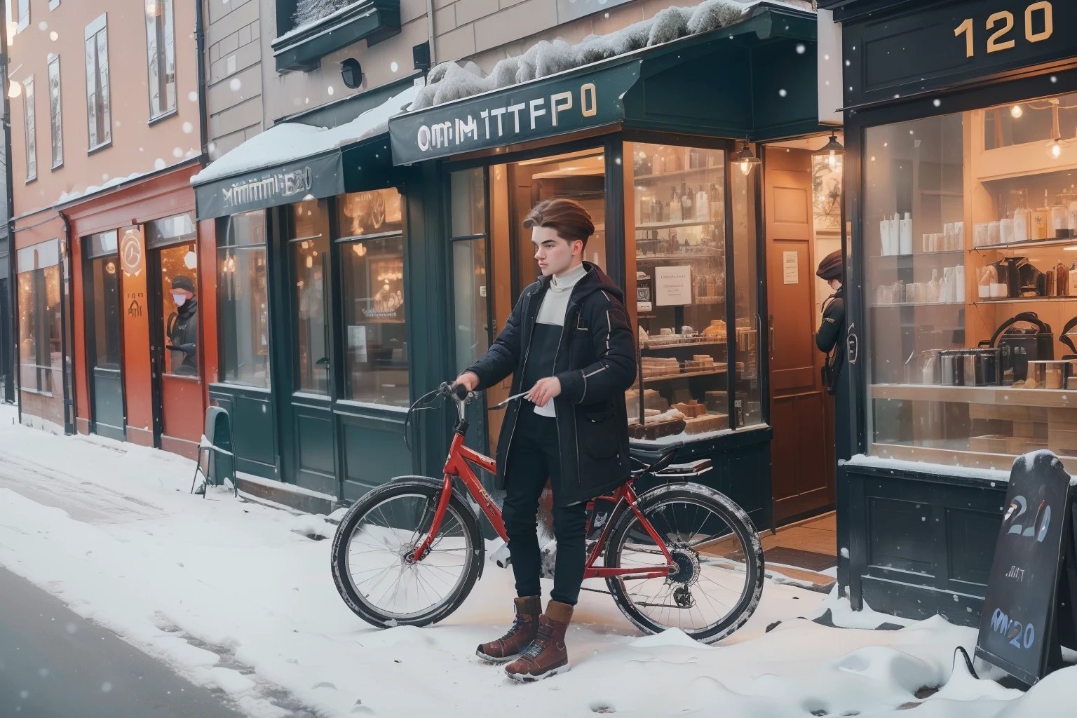 year: 2023. Location: Sweden. Pre-Raphaelite scene with a 16-year-old twat thug boy, fixing a bike, in front of a coffee shop, (((( winter Clothing from the 2020s)))) ((Hairstyle of the 2020s)), ((("OMITB" cinematography)))