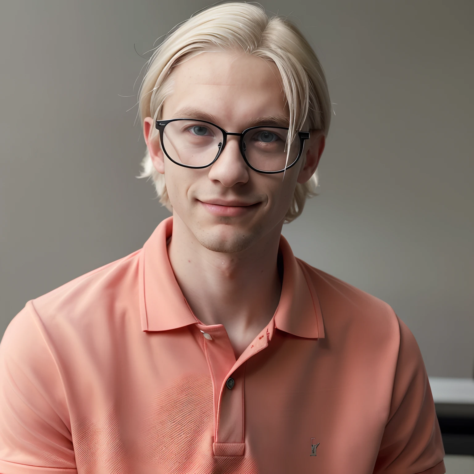 Hyper photorealistic young man wearing glasses and a red polo with platinum blonde hair in a middle part, taken in the early 2020s, wearing a red polo shirt and glasses, slight nerdy smile, in a polo shirt with black glasses, typical cryptocurrency nerd, wearing a polo shirt, professional picture, wearing a polo shirt and a tie. Looks like troye sivan, young twink face