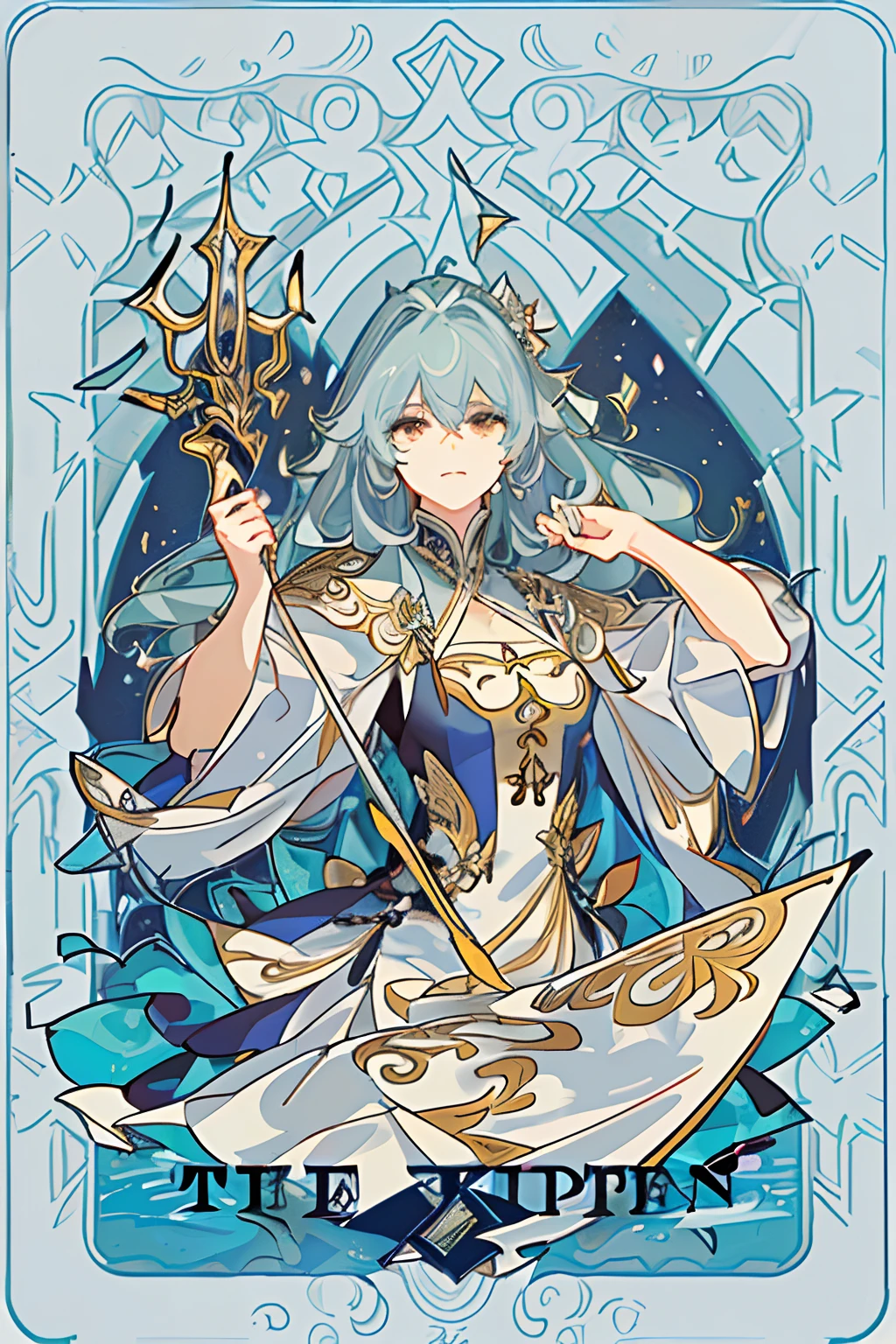 Image of a woman in a dance dress with a cape，Scepter in hand，Crown on head，Alphonse mucha and rossdraws，Yang J，Inspired by Fenghua Zhong，full-colour illustration，beautiful fantasy empress，（The image is surrounded by a tarot card-style border:1.5), Inspired by Lanying，From Shen Zhou，Beautiful artistic illustration，From Qu Lei Lei、Yan Hui、Zeng Jing、Lu Guang