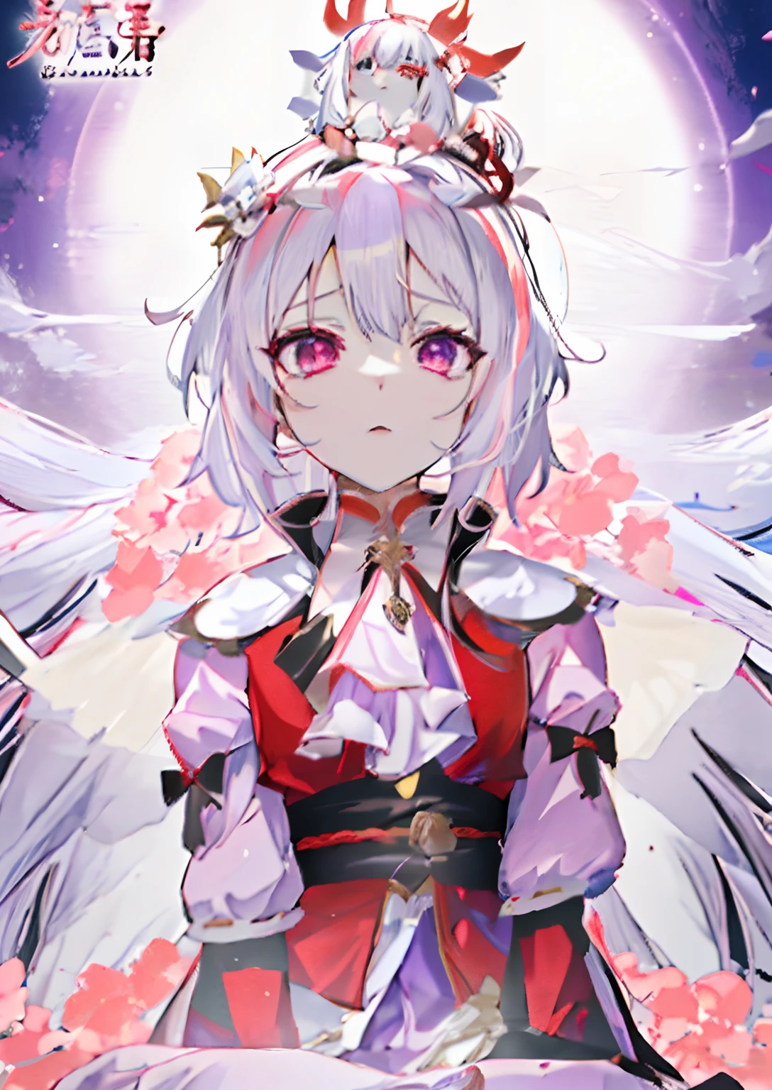 anime character sitting on the throne with white hair and red ayes wearing purple dress and a flower crown, ayaka genshin impact, white haired deity, hajime yatate, anime moe artstyle, best anime 4k konachan wallpaper, keqing from genshin impact, genshin, guweiz, zerochan art, white haired, white-haired, , official art,