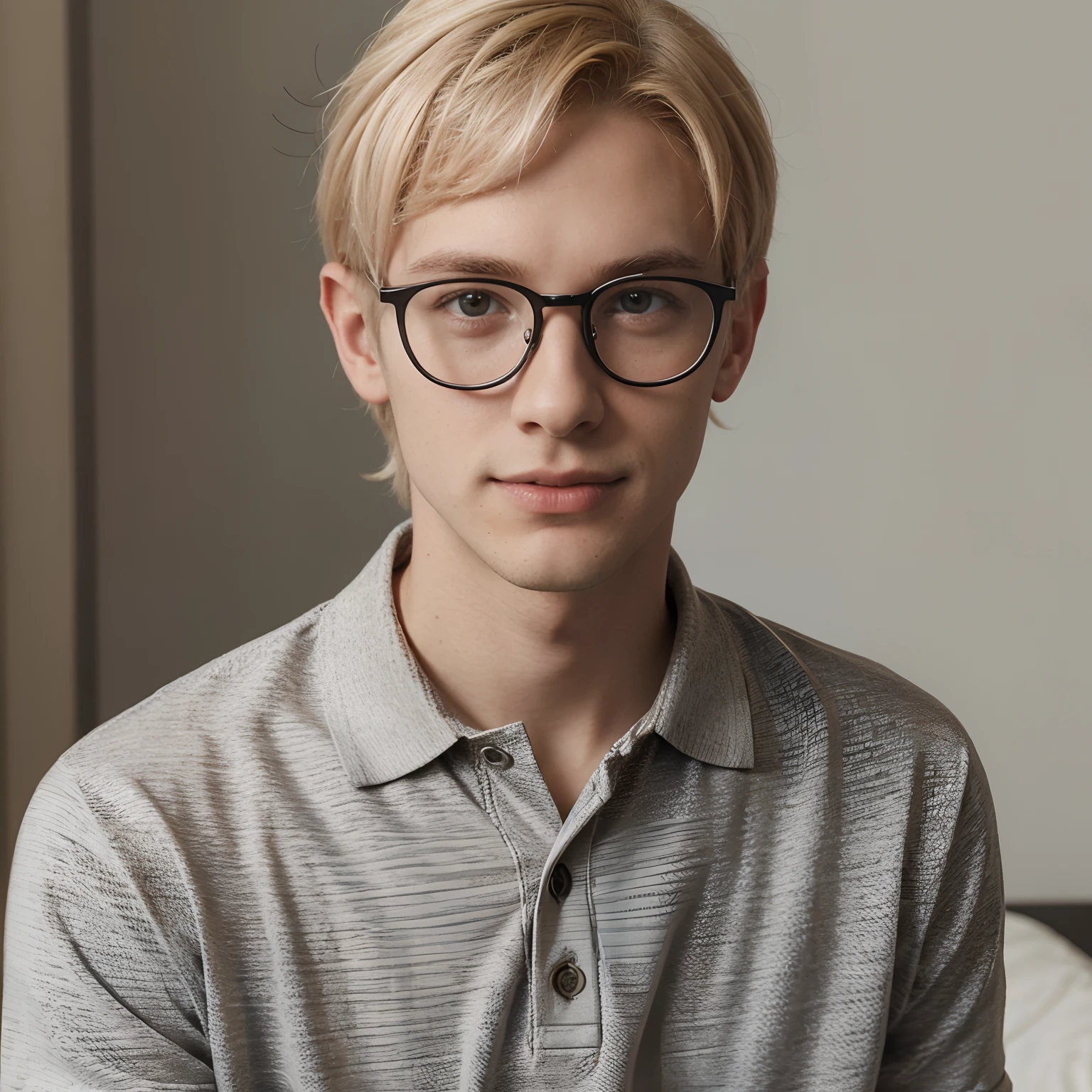 Hyper photorealistic young man wearing glasses and a red polo with platinum blonde hair in a middle part, taken in the early 2020s, wearing a red polo shirt and glasses, slight nerdy smile, in a polo shirt with black glasses, typical cryptocurrency nerd, wearing a polo shirt, professional picture, wearing a polo shirt and a tie. Looks like troye sivan, young twink face, troye sivan face