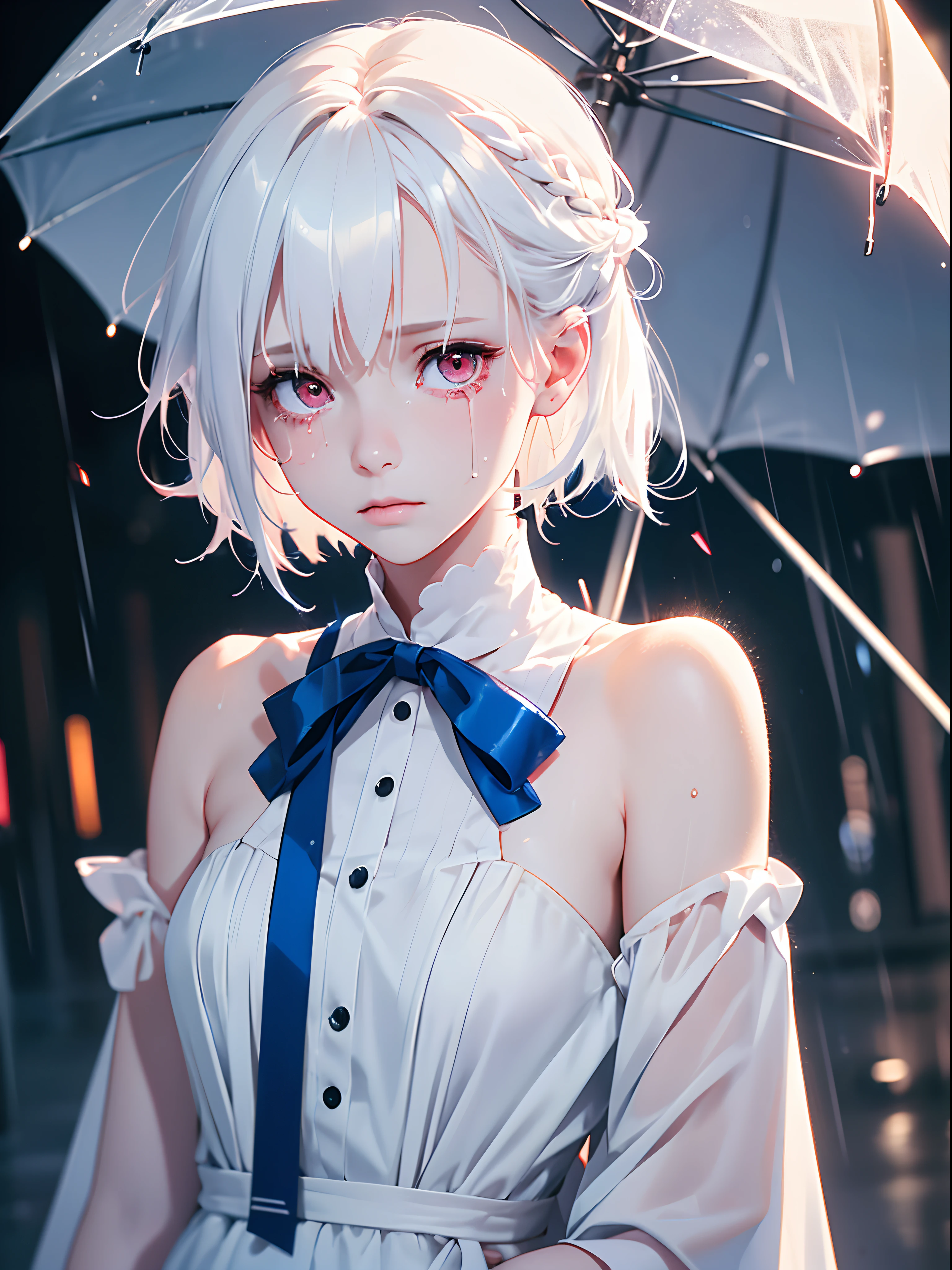 1girl,Albino, cute, white hair, short hair, beautiful, long hair,red eyes, wearing a white and blue dress, hair with a ribbon,Crying in the rain, night light ((8k, UHD, ultra realistic))?