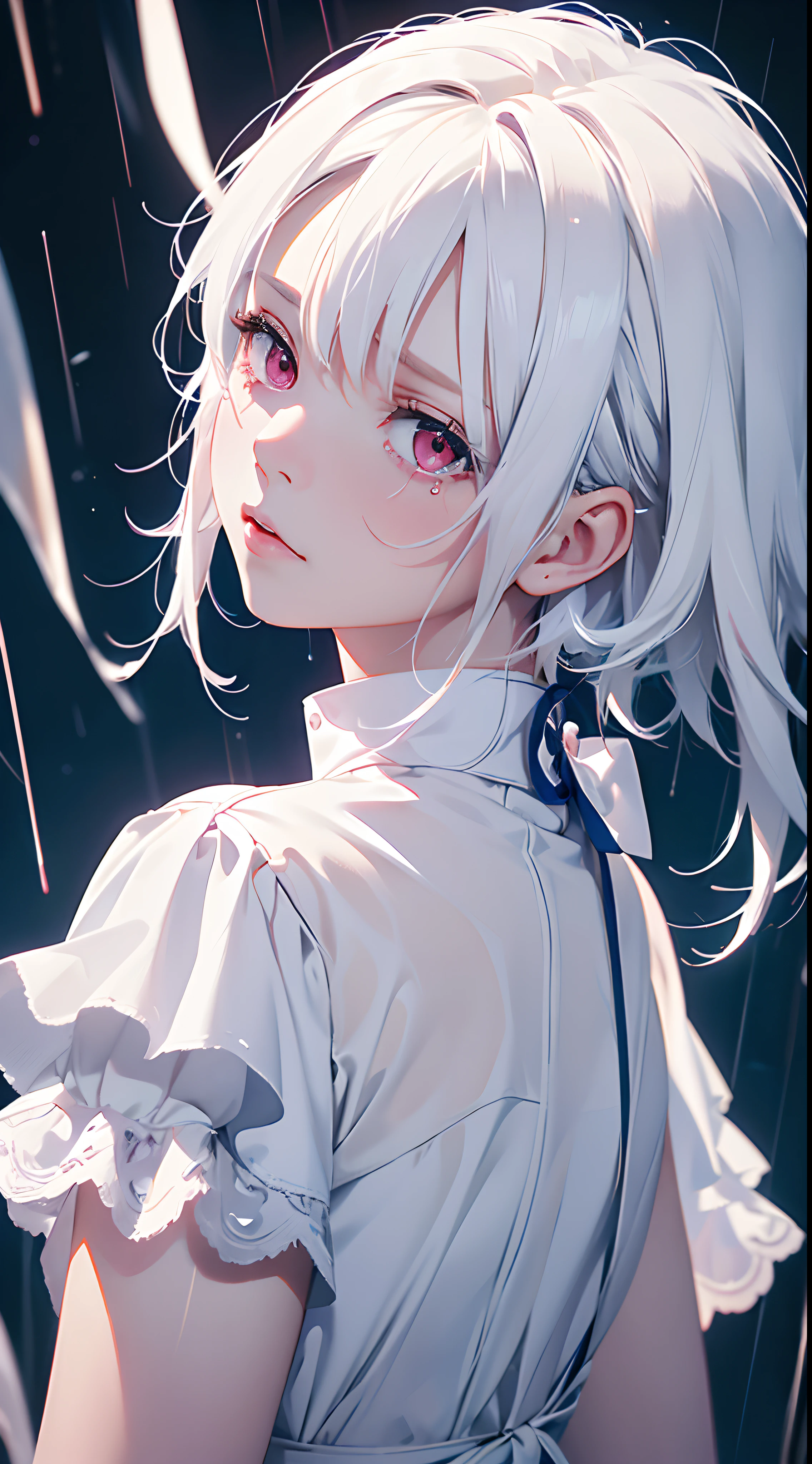 1girl,Albino, cute, white hair, short hair, beautiful, long hair,red eyes, wearing a white and blue dress, hair with a ribbon,Crying in the rain, night light ((8k, UHD, ultra realistic))?