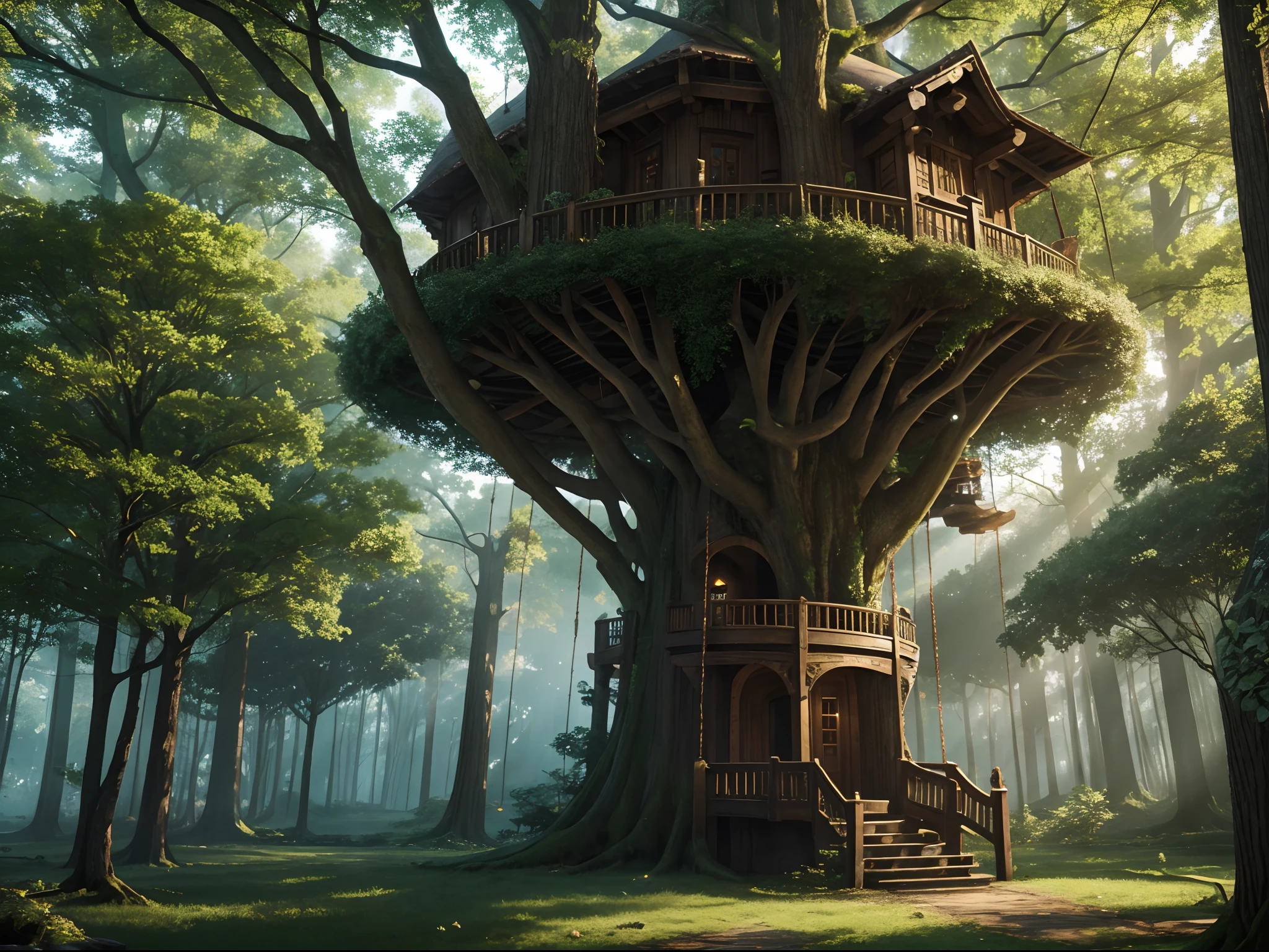A huge tree in a primeval forest,There is a tree house in the middle of the tree,There is a sexy elf woman in the tree house,Play,high definition detail,4K,Ray traching