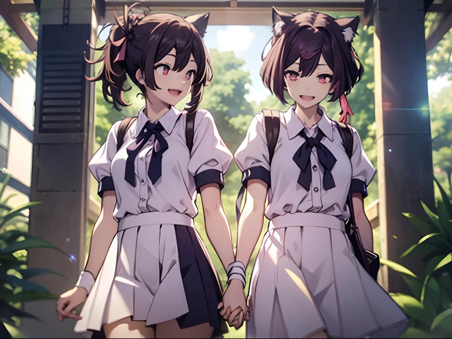 At the school gate,2 girls,twincest,(Wear a school uniform),Coming from afar,vivaciousness,youthfulness,Hold hands。curtained hair, braided ponytail, hair ribbon, hairband, glowing eyes, cat ear headphones, open mouth, light smile, shy, high detail, rococo style, chiaroscuro, depth of field, cinematic lighting, wide shot, best quality, high details, super detail, highres, 8k