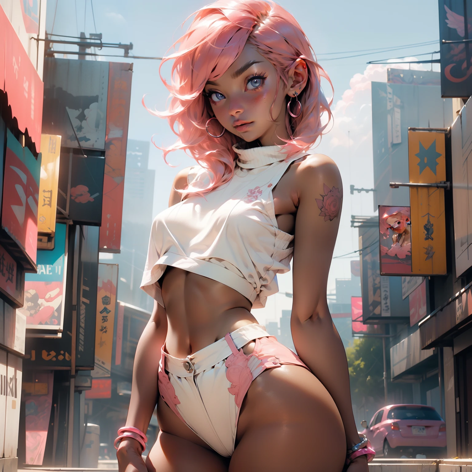 masterpiece, 4k, detalied, beautiful, wide hips, thick thighs, long pink hair, blushing, thick makeup, pretty, short hair, earrings, jewelry, bracelet, (((PINK HAIR, [PERFECT REALISTIC EYES]))), ultra realistic 8k CG, perfect face, flawless, clean, masterpiece, professional artwork, famous art, cinematic lighting, perfect face, beautiful face, beautiful eyes, (((perfect female body, narrow waist))), real, intricate detail, delicate pattern, sexy, charming, seductive, seductive, erotic, charming, hair ornament, earrings, bracelet, armband, looking at the viewer, flowing hair, wind swept hair, long bangs, bangs, exposed thighs, exposed breasts, nipple_outline, is showing her butt, has small butt, has small tits, is wearing revealing clothes,looks very erotic, scenic background, looks realistic, body is petite, has perfect face, body is flawless, has seductive look in her eyes, has tramp stamp, tattoo, in style of fred perry