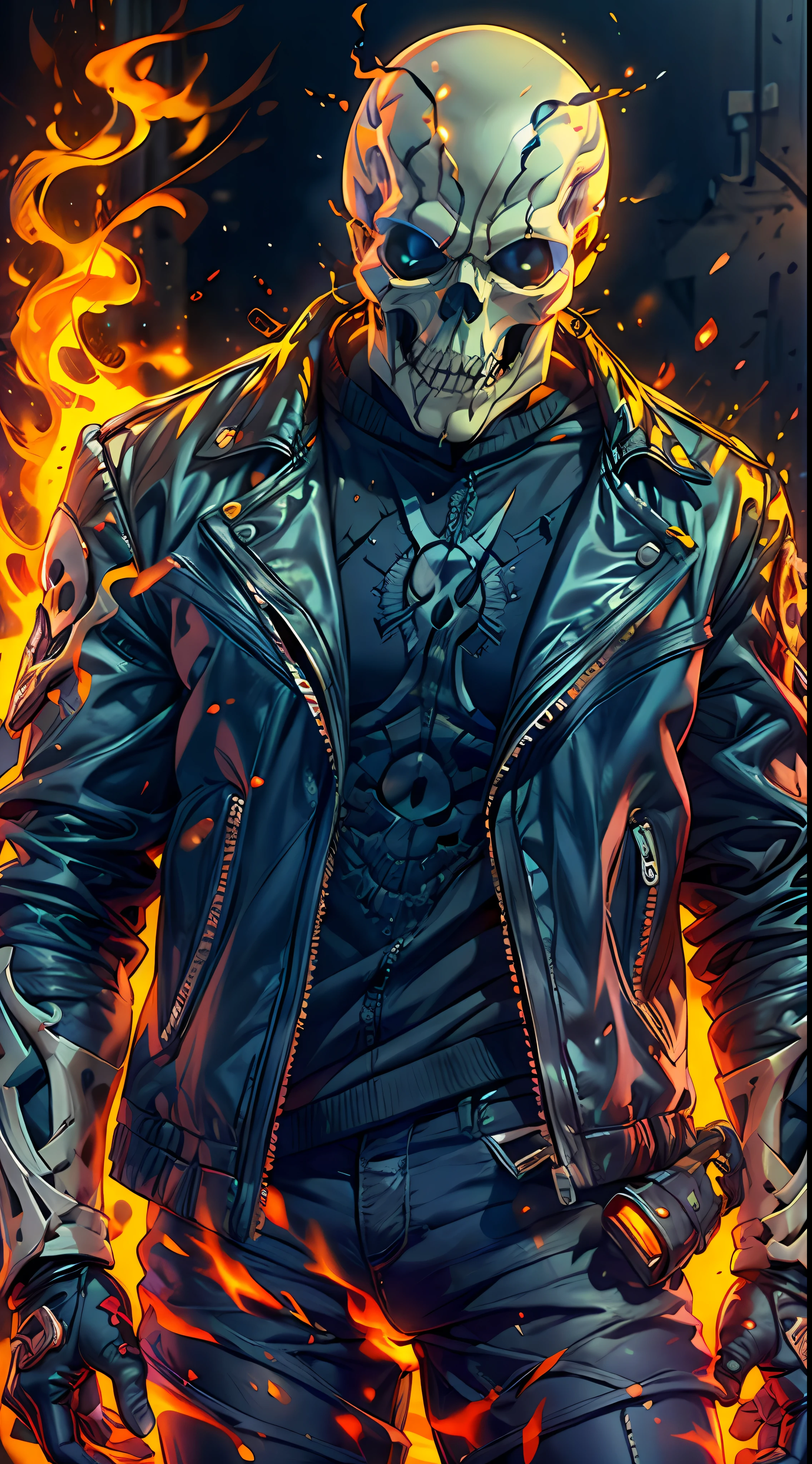 (RAW Photo, Best Quality), (Realistic, Photorealistic Photo: 1.3), Best Quality, Highly Detailed, Masterpiece, Ultra Detailed, Illustration, ghost rider, burning skull, black jacket, black jeans, black shoes, epic background, standing like ghost rider, upper body, ghost riders costume, Best Quality, Extremely Detailed CG Unified 8k Wallpaper, Ink, Amazing, badass look, portrait, close up (skull texture), intricately detailed, fine details, hyperdetailed.