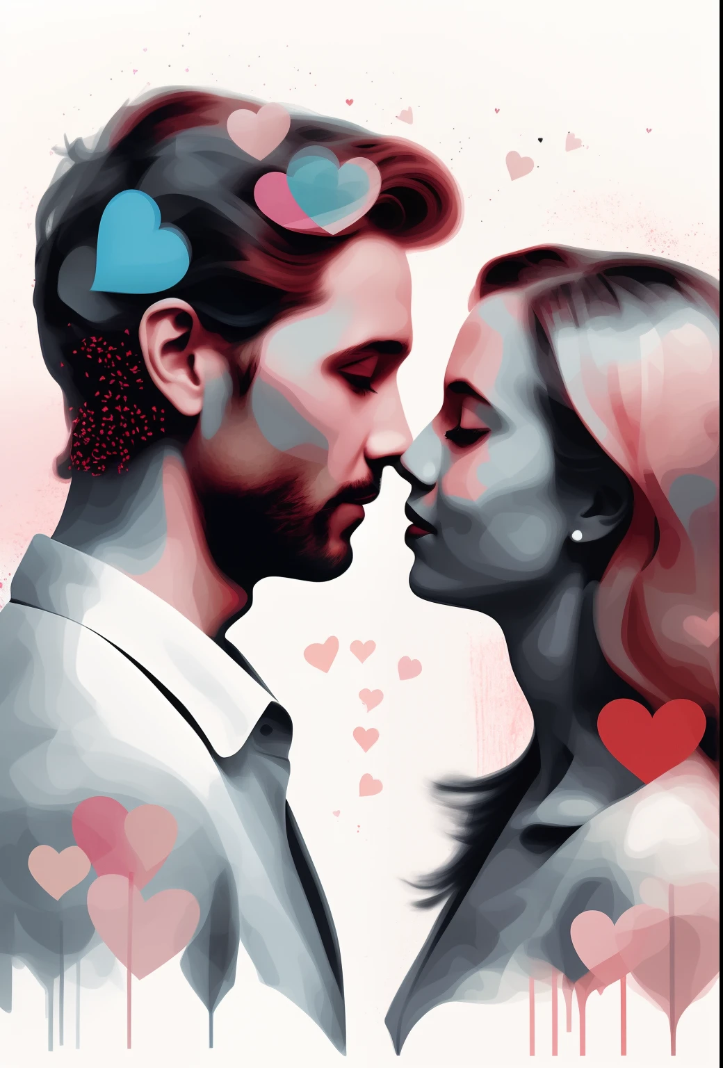 a painting of a man and woman kissing each other with hearts in the background, man and woman in love, double exposure of love, they are in love, in style of digital illustration, art of alessandro pautasso, concept art of love, by Zoran Mušič, by Relja Penezic