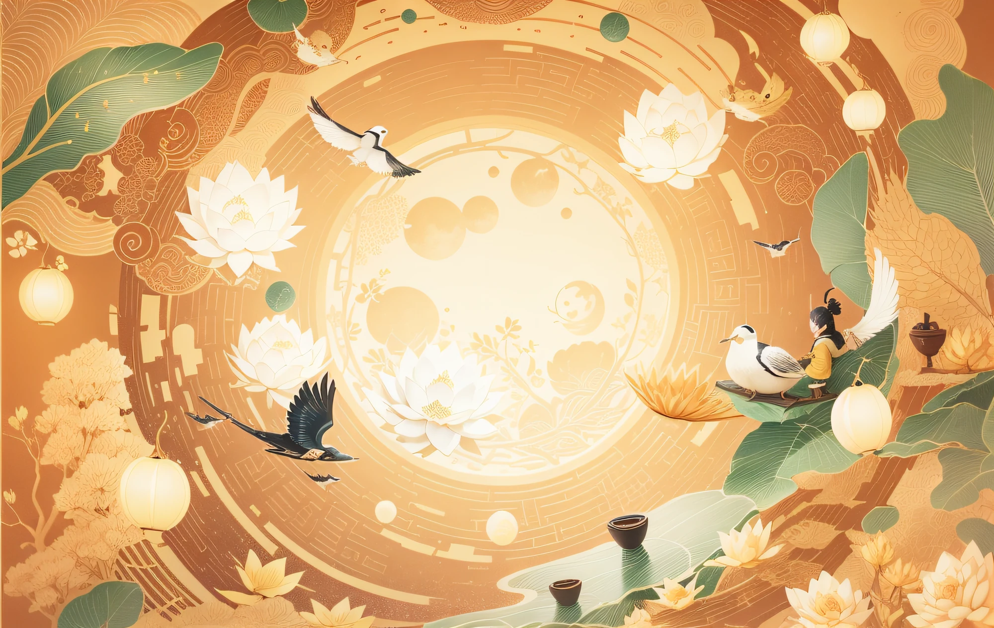 Mid-Autumn Festival moonlight, Han style lotus, Auspicious Yunhe hand-drawn,sweet osmanthus,Birds flying in the sky