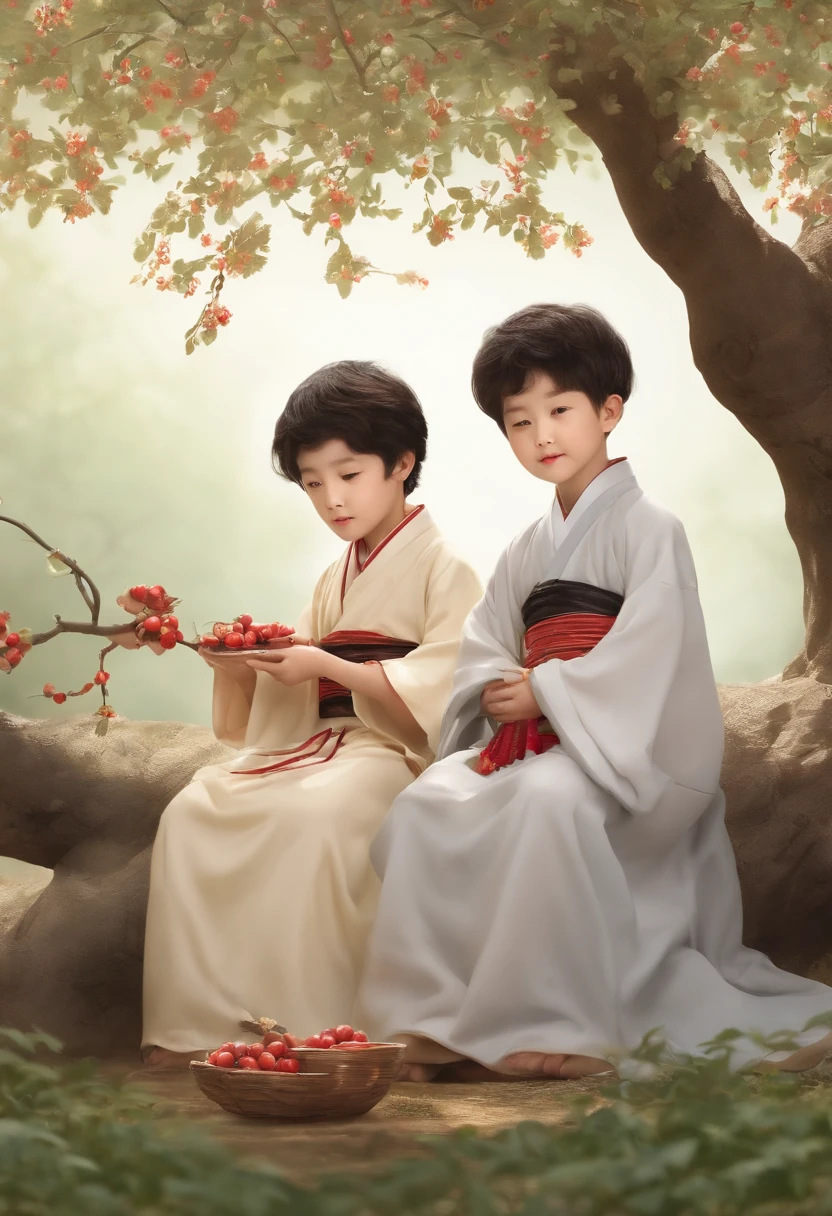 Two friends,wearing a hanfu,Sit under a hawthorn tree,Eating hawthorn,Very happy,Behind him are all hawthorn trees,The hawthorn trees are full of mature hawthorns。k hd