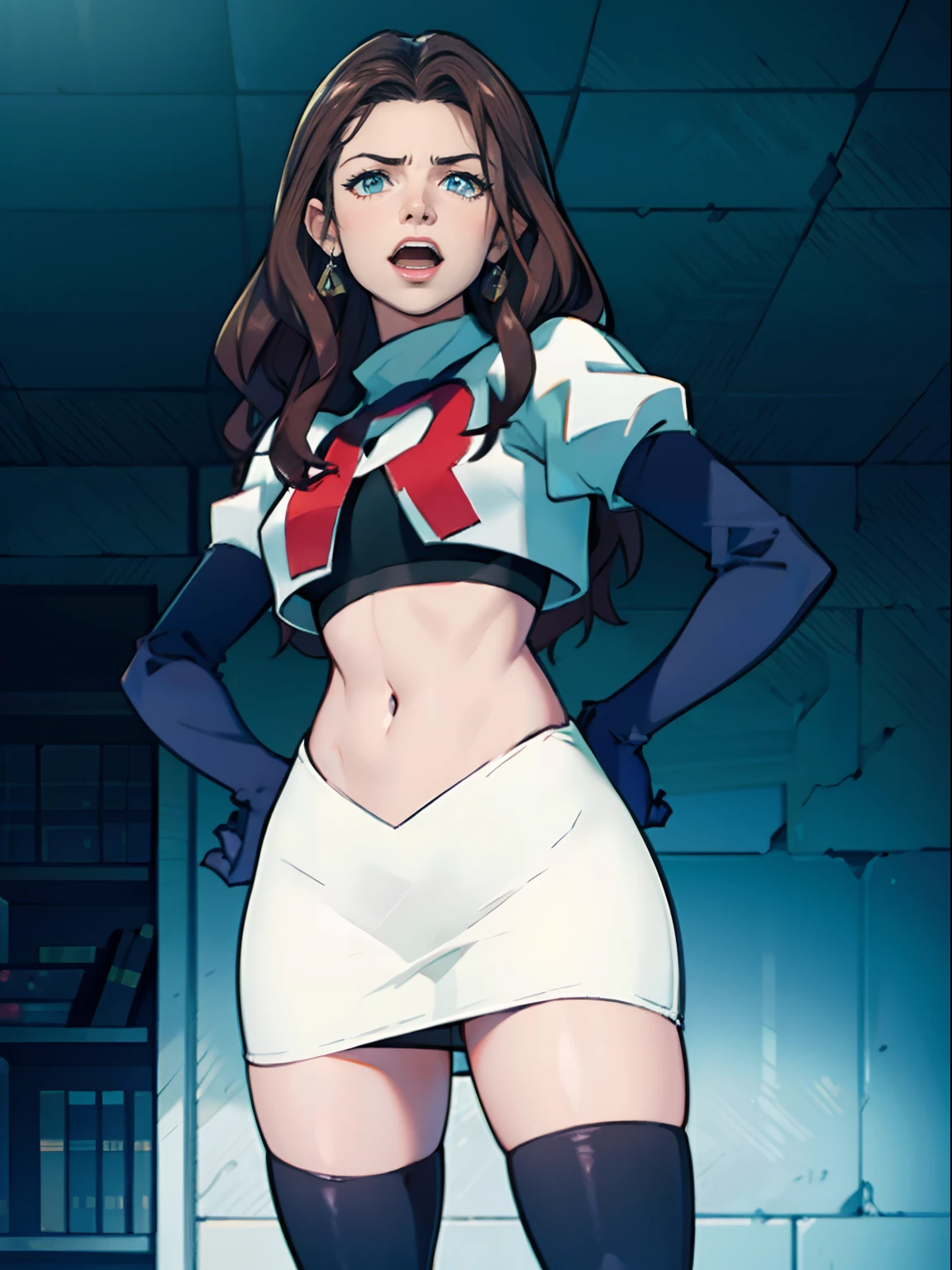 Dorothea, Team Rocket, Team Rocket uniform, red letter R, white skirt, white crop top, black thigh-highs, black elbow gloves, evil laugh, hands on hips, both holding a microphone, (best quality,4k,8k,highres,masterpiece:1.2), ultra-detailed, (realistic,photorealistic,photo-realistic:1.37), portraits, vibrant colors, dramatic lighting