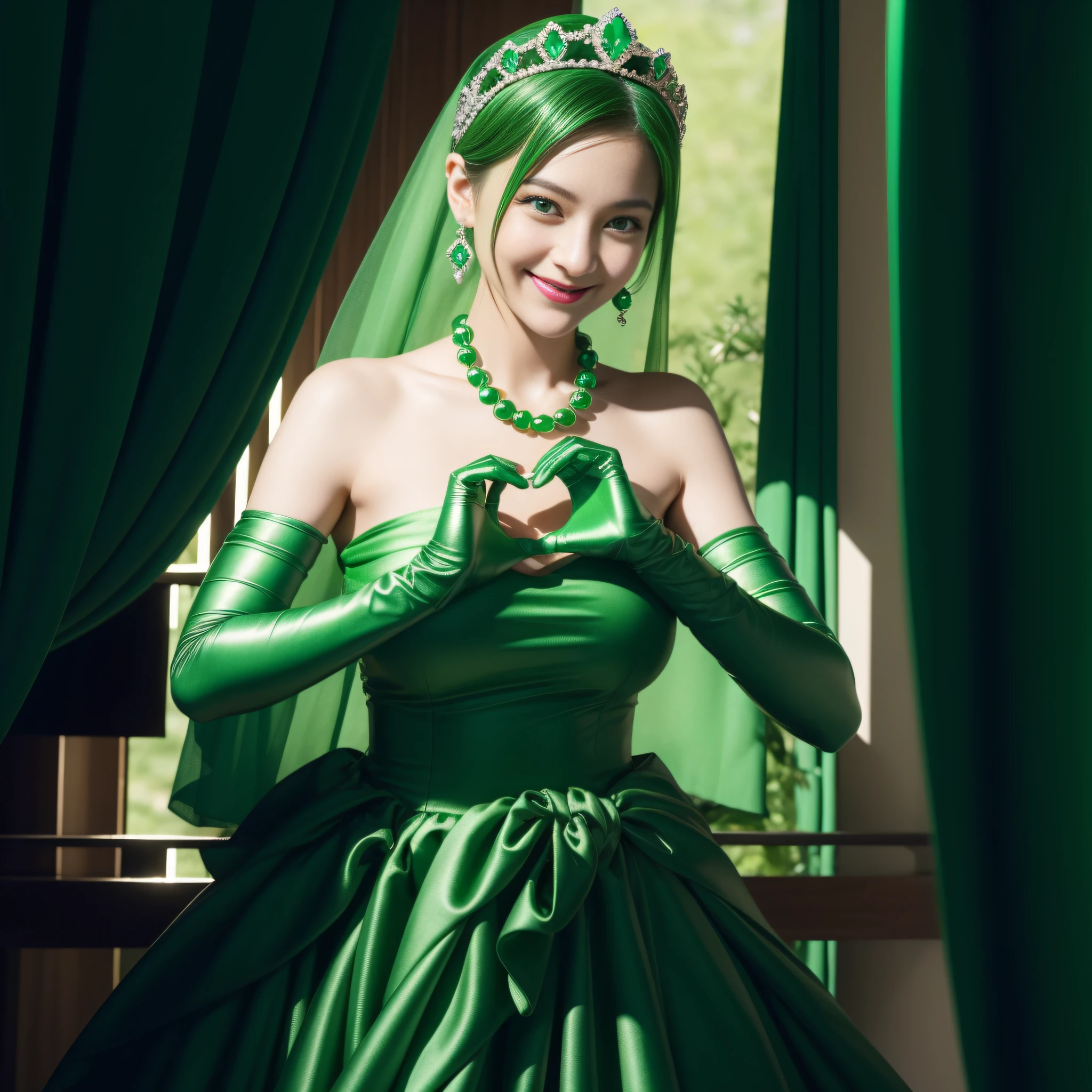 emerald tiara, Green Pearl Necklace, Boyish very short green hair, lipsticks, Japan woman smiling, very short short hair, big breasts beautiful, Green eyes, Long green gloves made of satin material, Green eyes, Emerald Earrings, green vale, Heart with both hands