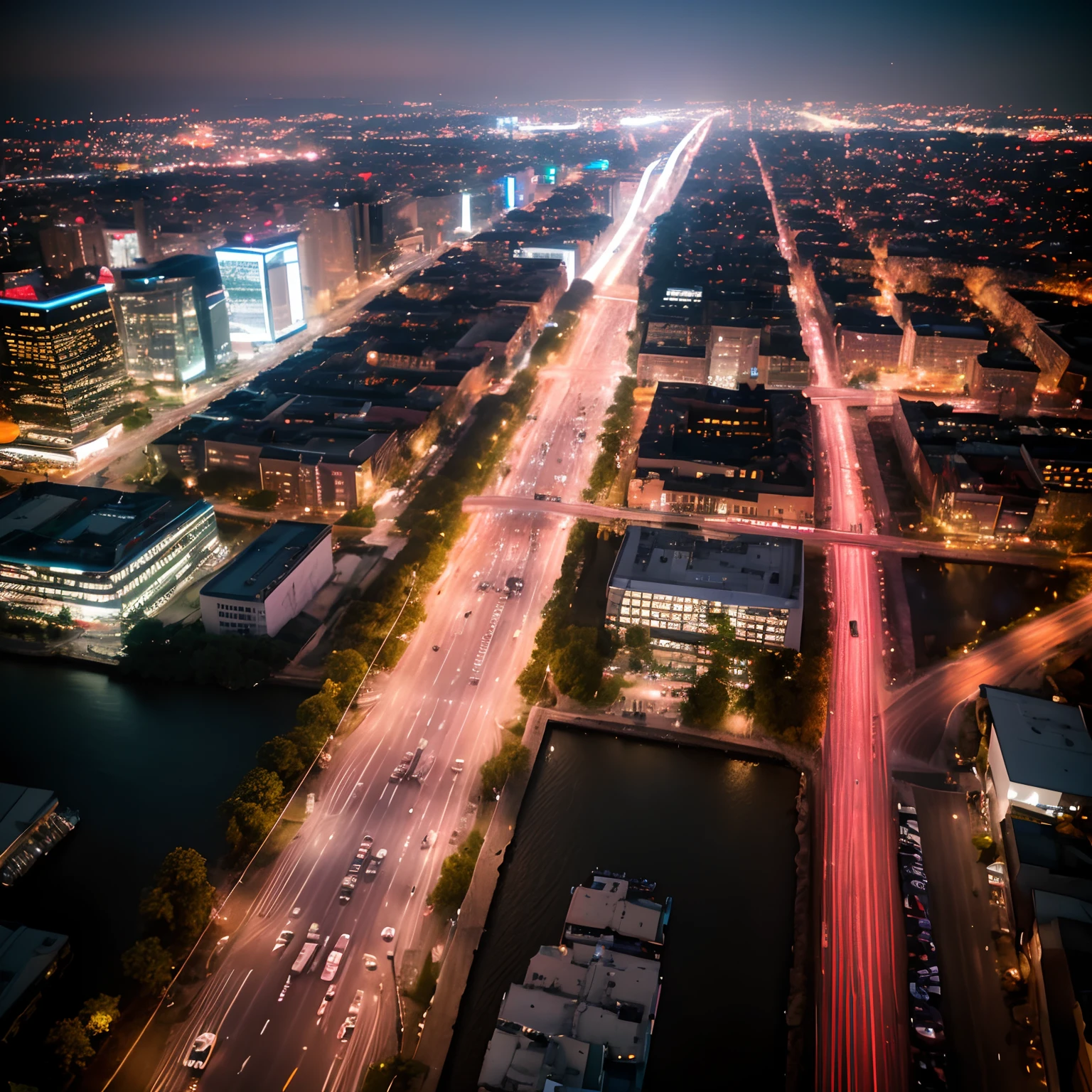 Arafed view of a city at night with a river running through it, Vista de drone de uma cidade, Luzes LED da cidade, luzes vibrantes da cidade, iluminado de cima, city at night, scenic view, Directed by: Etienne Delessert, aerial view of a city, paisagem urbana movimentada, bird's eye view of a city, View from above, Directed by: Jakob Gauermann