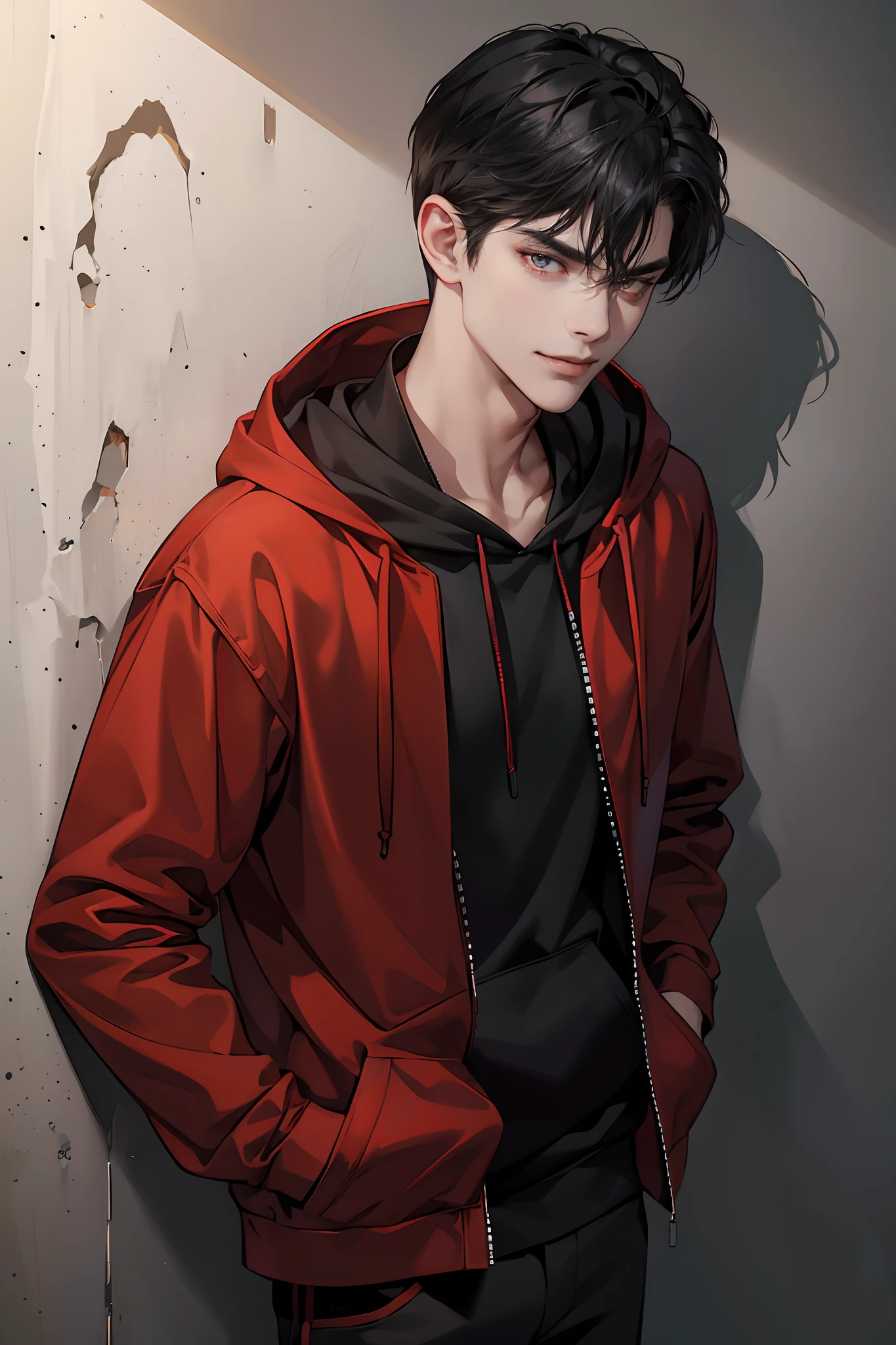 1 boy, Young male, eyes look at camera,Perfect male body, (Red jacket, Black hoodie,Evil smile, black hair, against the wall,handeds in pocket), dark room, Cement wall,Portrait,dramatic shadow,Ray tracing, Best quality, Cinematic lighting, Extremely detailed CG, 8k wallpaper,Complicated,