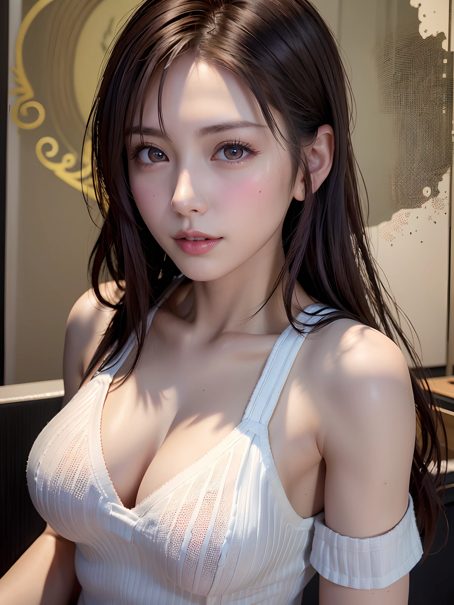 (in 8K, top-quality, masterpiece:1.2), (realisitic, Photorealsitic:1.37), ultra-detailliert, Natural sunlight, mideum breasts, I can see the cleavage, 1 persons, 25 year old woman, Pendants, Torn shorts, Light Knit V-Neck Shirt, At the time of performance, extremely detailed face and skin, A detailed eye, extremely detailed face and skin