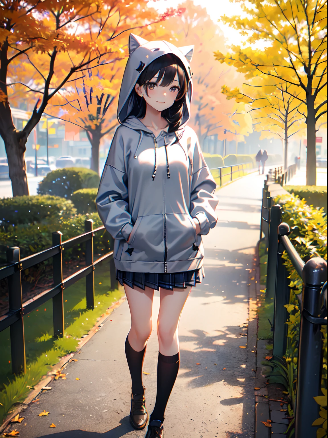 1 beautiful young girl, 14-year-old junior high school girl、(flat chest)、(Dark-haired girl in silver oversized full-zip hoodie:1.3),(Do not wear hoodie hood:1.3)、Wearing a shirt inside a hoodie、(Plaid pleated skirt), (high socks), (lowfers),(Long straight hair)、Autumn Park、Colored leaves、leaves falling、stroll、A slight smil、