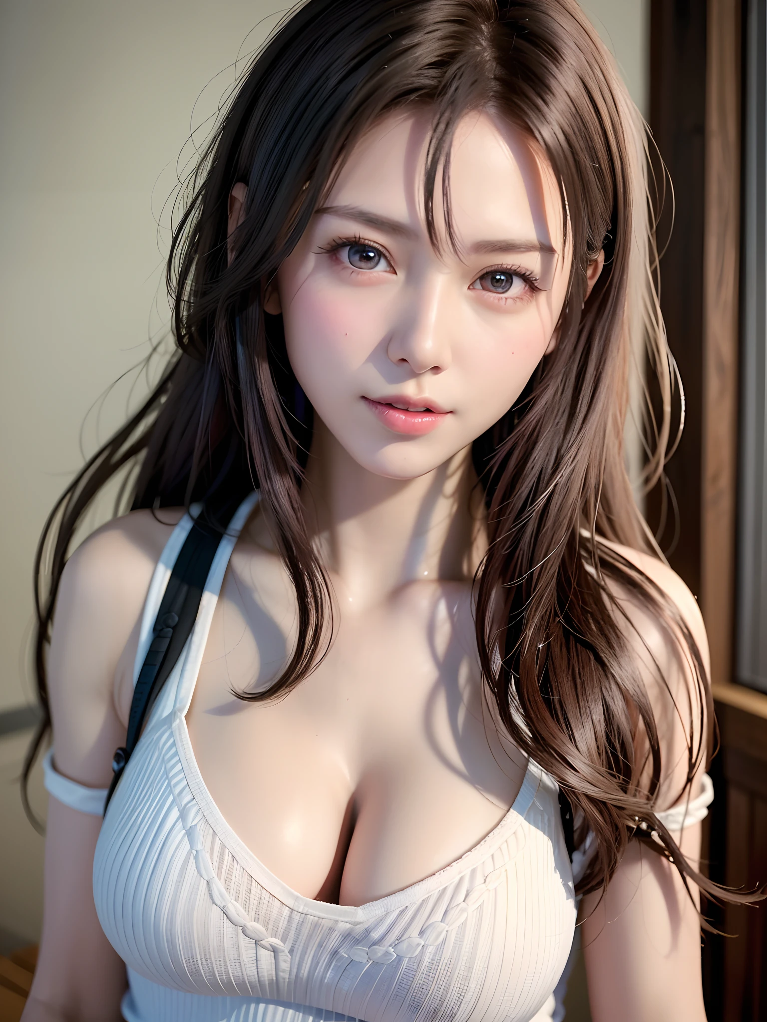 (in 8K, top-quality, masterpiece:1.2), (realisitic, Photorealsitic:1.37), ultra-detailliert, Natural sunlight, mideum breasts, I can see the cleavage, 1 persons, 25 year old woman, Pendants, Torn shorts, Light Knit V-Neck Shirt, At the time of performance, extremely detailed face and skin, A detailed eye, extremely detailed face and skin