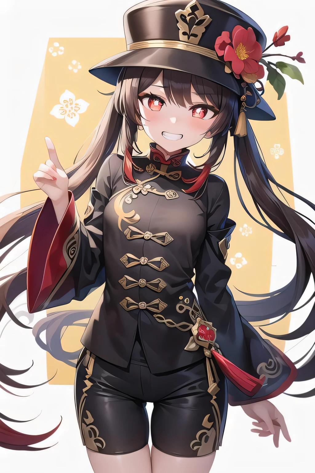 (best quality), (masterpiece), ((beautiful:0.75) cute girl:0.75), [clear and clean] pixiv (illustration), (HuTao/(GenshinImpact/)), red eyes, flower-shaped pupils, hat, long brown hair, bangs, twintails, chinese clothes, black shorts, wide sleeves, grin,