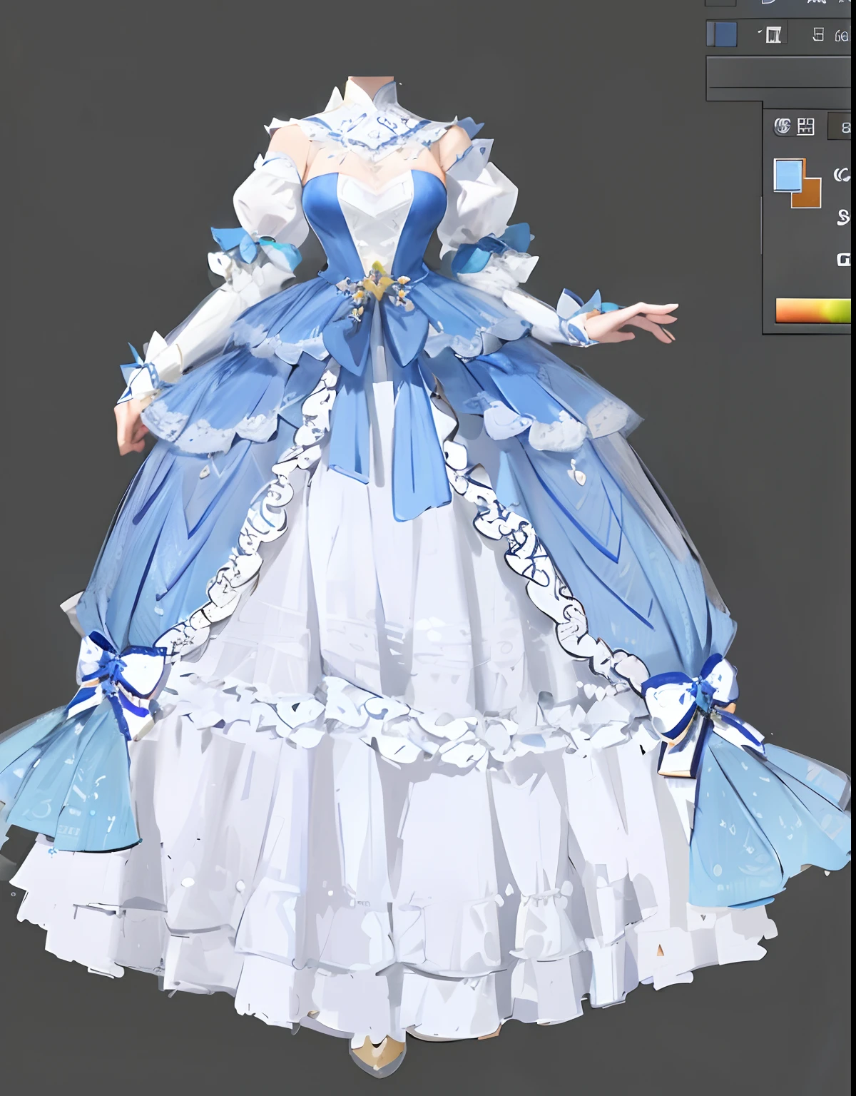 Close-up of dress with blue and white dress, Costume with blue accents, very detailed and rich clothing, Robe. extremly high detail, clothing design, royal robe, clear outfit design, expensive voluminous dress, costume desig, multilayered outfit, lunar themed attire, offcial dress, dreamy dress, fantasyoutfit, full body detailing