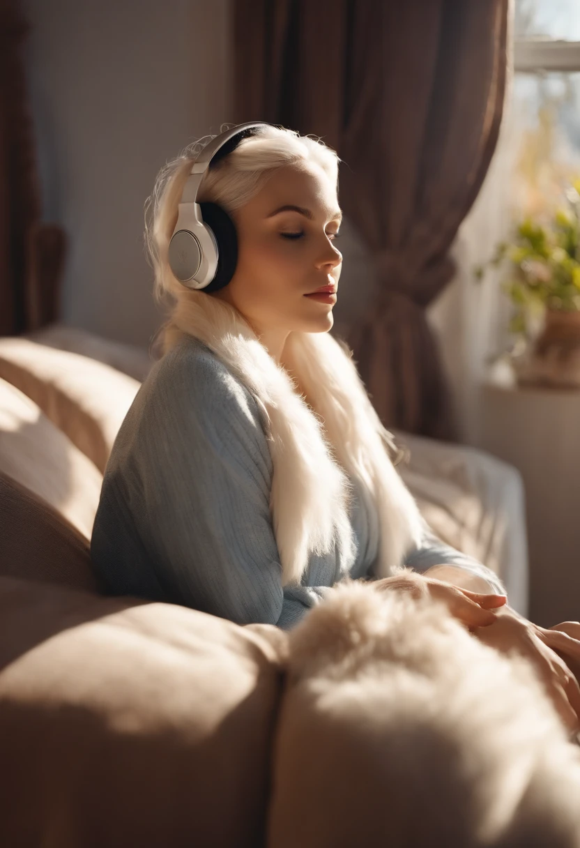 Girl with white hair below her shoulders in headphones lying on sofa and looking out the window, sunshine through the window, bright rays, highlights quality textures, radiant skin, blue eyes, plump lips on the bed, white fur bedspread, menina feliz