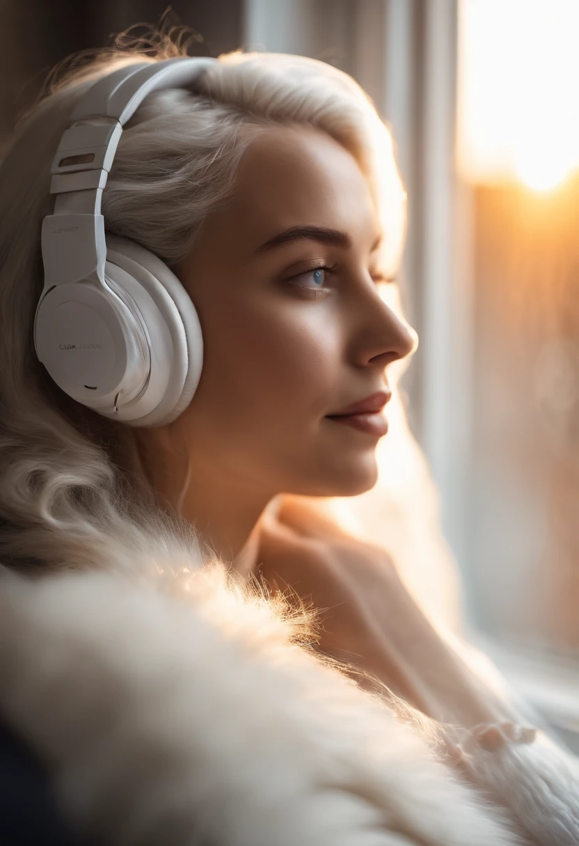Girl with white hair below her shoulders in headphones lying on sofa and looking out the window, sunshine through the window, bright rays, highlights quality textures, radiant skin, blue eyes, plump lips on the bed, white fur bedspread, feliz