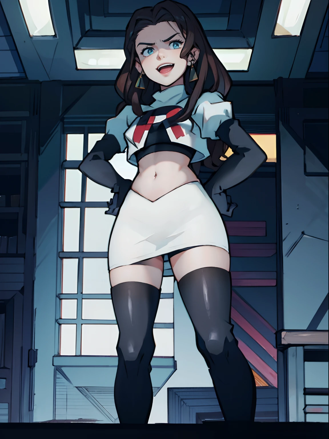 Dorothea, Team Rocket, Team Rocket uniform, red letter R, white skirt, white crop top, black thigh-highs, black elbow gloves, evil laugh, hands on hips, both holding a microphone in hand